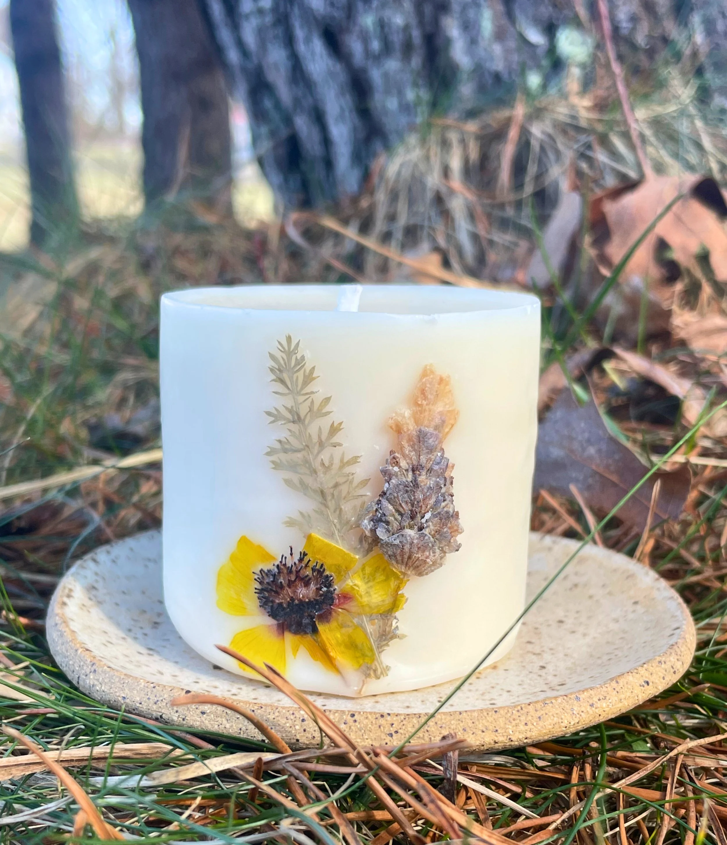 Short Soy Pillar Candle with Wildcrafted Botanicals - Lavender Scented
