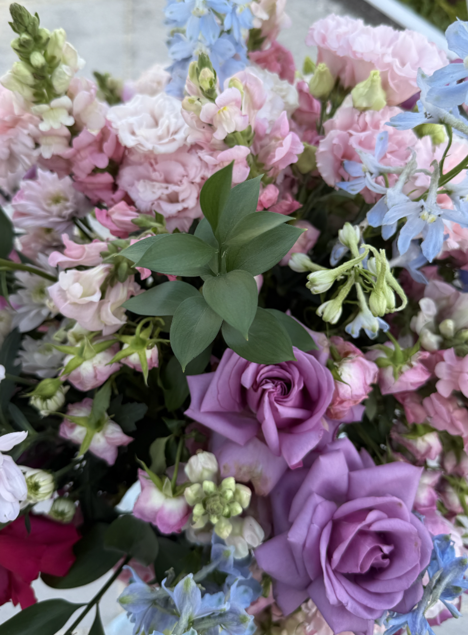 Close-up of a colorful bouquet of pink, purple, and blue flowers with green leaves.