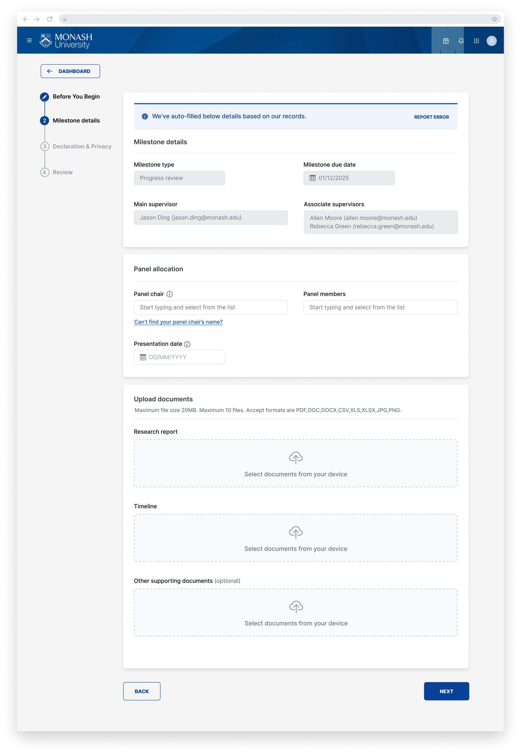 I uplifted the form design patterns and interactions with the guidelines like 'Progressive disclosure', 'Pre-populate known data to reduce user input repetition', 'Error-preventing fall back solution', etc. 