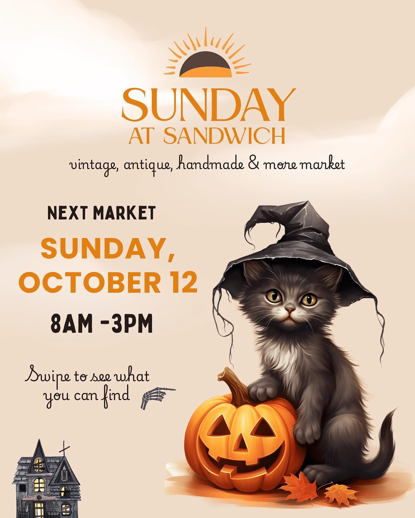 Step back in time. 🎃🍁 
 Cozy fall vibes, vintage finds &amp; small-town charm. 

📅 Oct 12 | 8&ndash;3 📍 Sandwich Fairgrounds
 👧 Kids 12 and under free | 🐾 Pups welcome

Please only email contact@sundayatsandwich.com for vendor applications and 