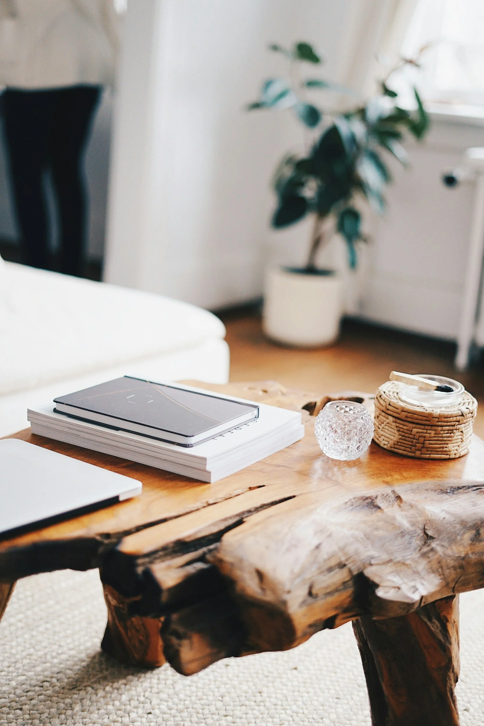 journals sitting on table in a calm relaxing therapists office