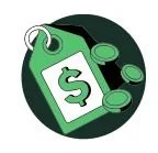 Green price tag with a dollar sign and coins around it.