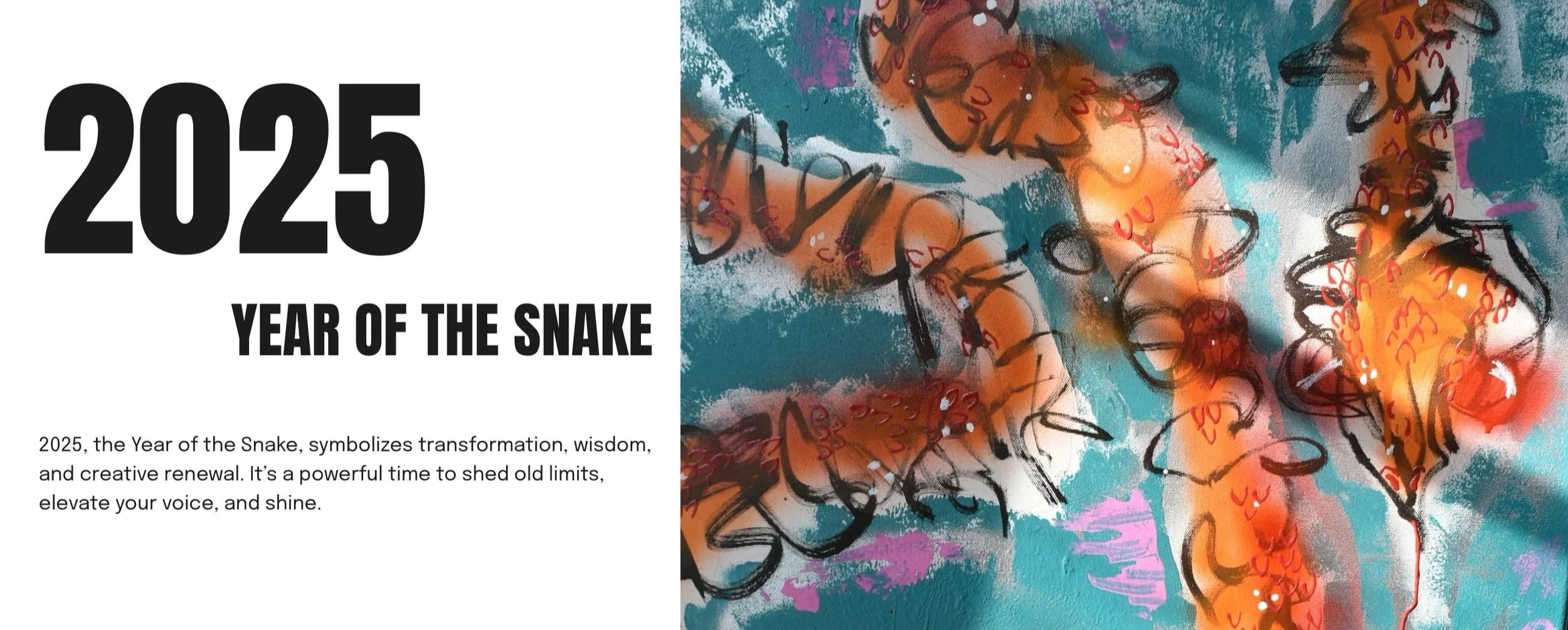 2025 Year of the Snake design with colorful abstract background and black text.