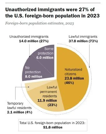 Pie graph showing status of immigrants in the United States by status and percentage.