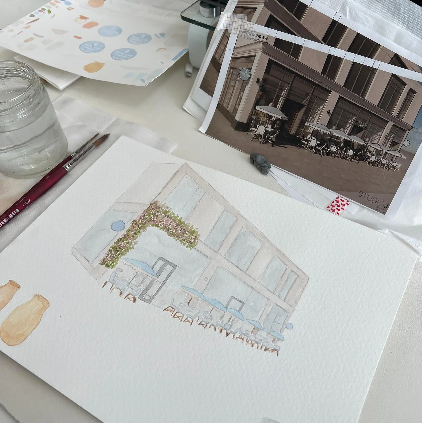 Had the chance to illustrate a new store opening for @puravidamiami 🥰 A bit different than what I usually paint. Sharing the stages of my painting process. This was actually my first time illustrating a building/architectural piece. I&rsquo;m so hap