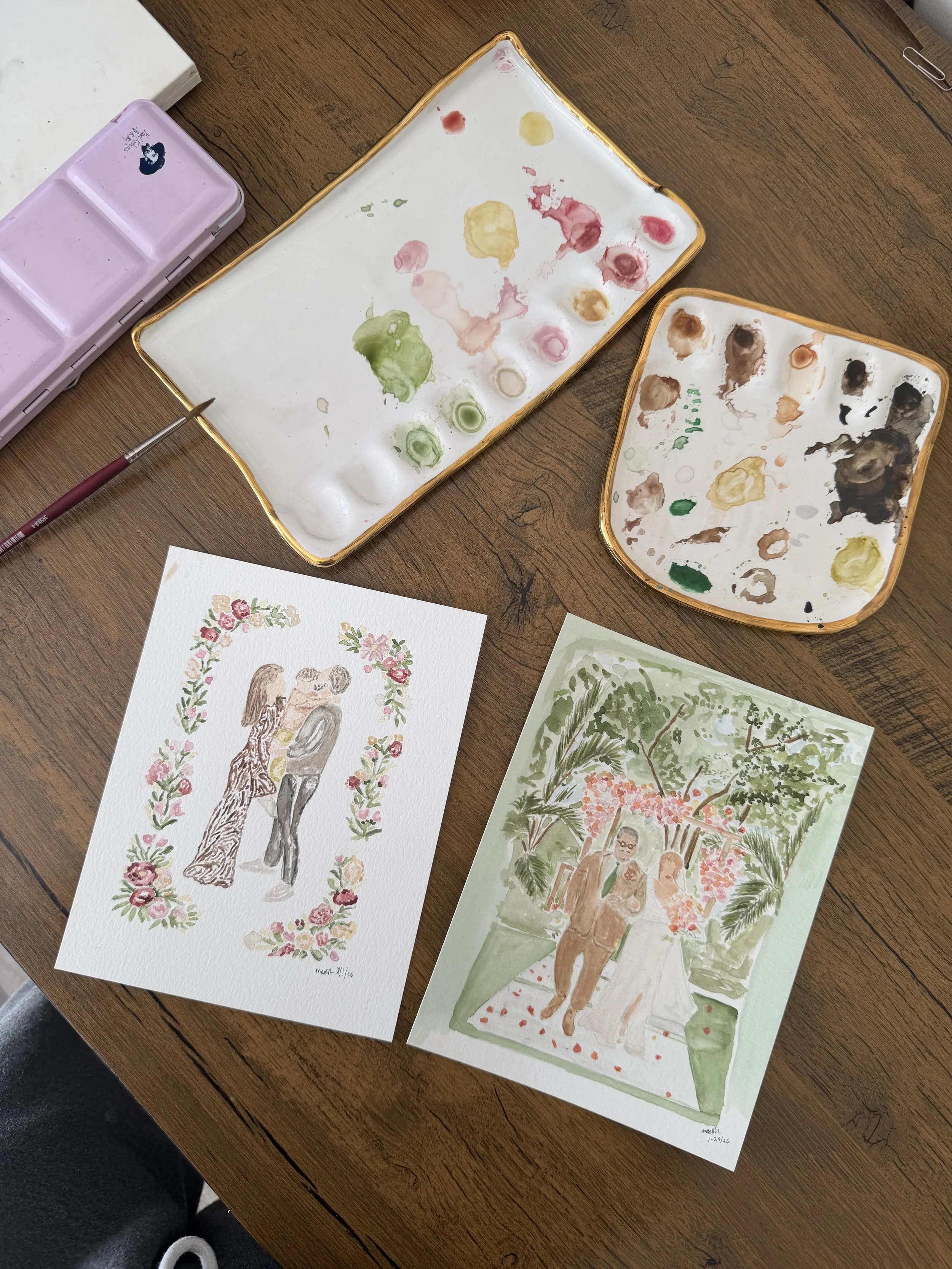 Custom watercolor wedding portraits with romantic floral illustrations.