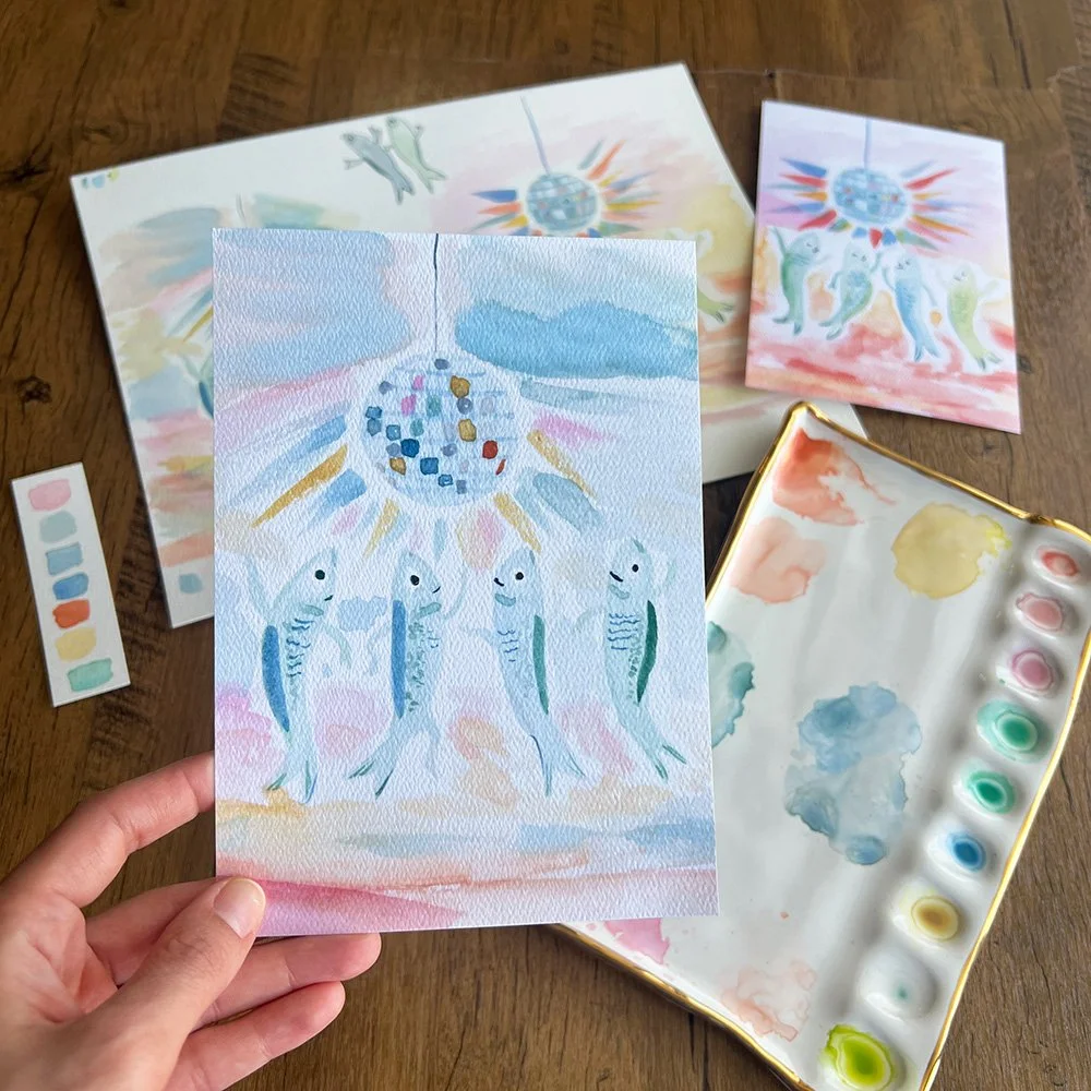 Snail Mail Club watercolor illustration of playful dancing fish and disco ball.