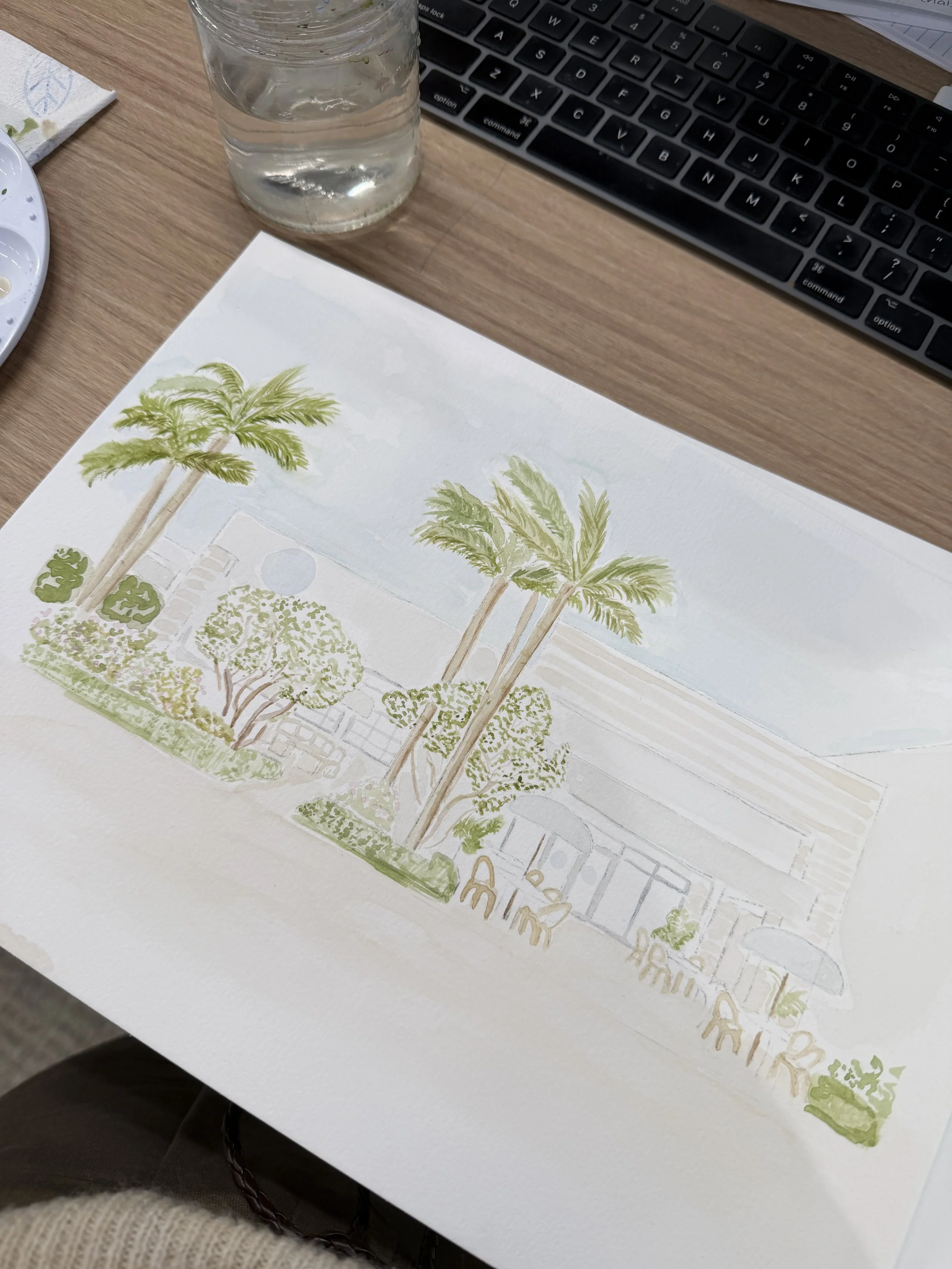 Hand-painted watercolor of palm trees in front of a restaurant building.
