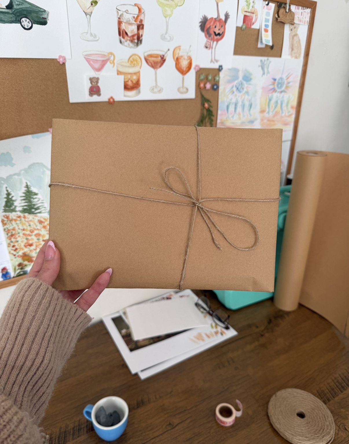 Hand wrapped kraft paper package tied with twine bow.