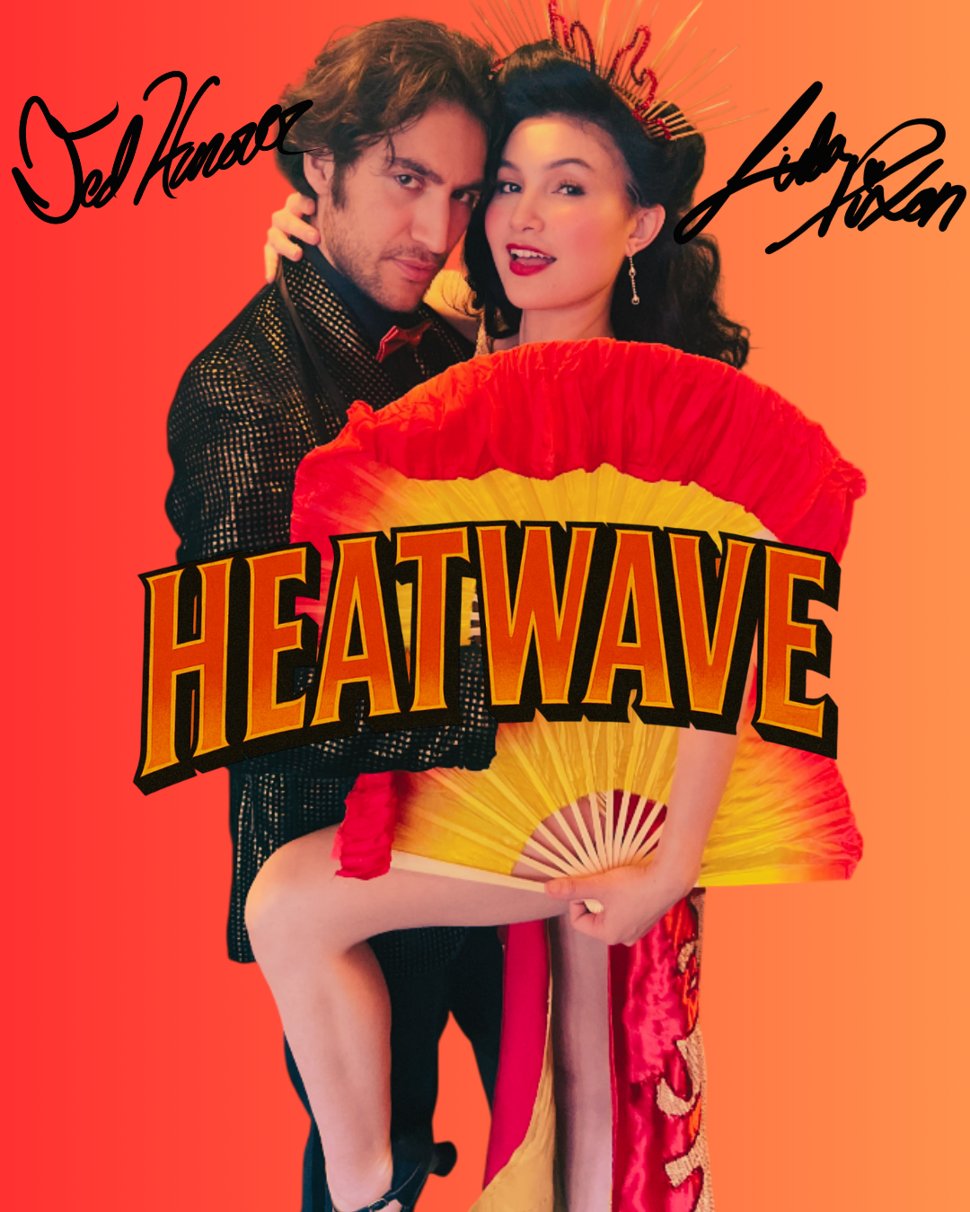 G Alvarado as Ted Hanover in a gold tux with Alison Rucker in a red gold dress performing heatwave for Holiday Inn