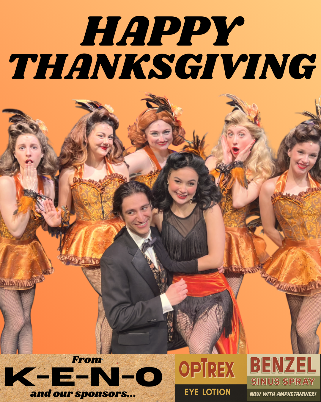 G Alvarado as Ted Hanover in a black tux with chorus girls dressed as turkeys performing plenty to be thankful for a happy thanksgiving Holiday Inn