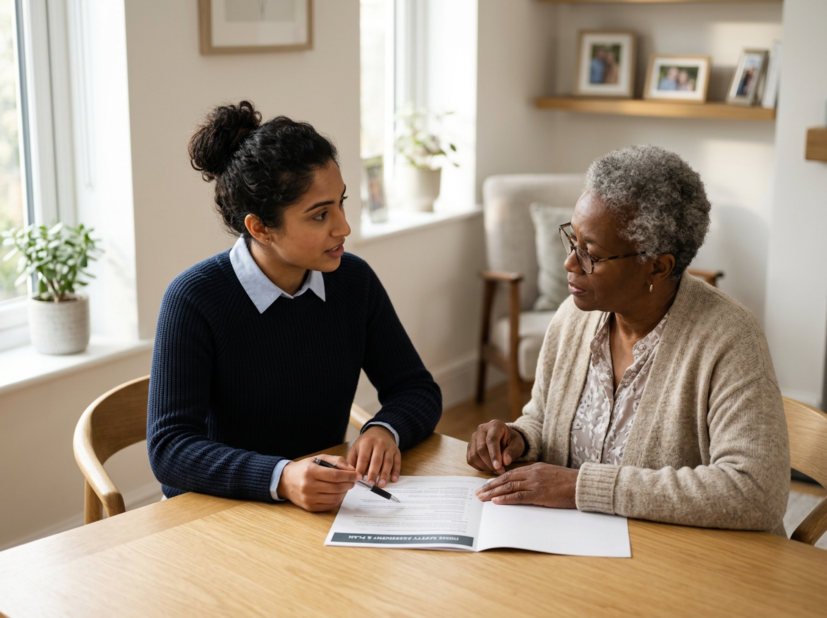 Healthcare professional meeting with and older adult at a table to review care needs and documents.