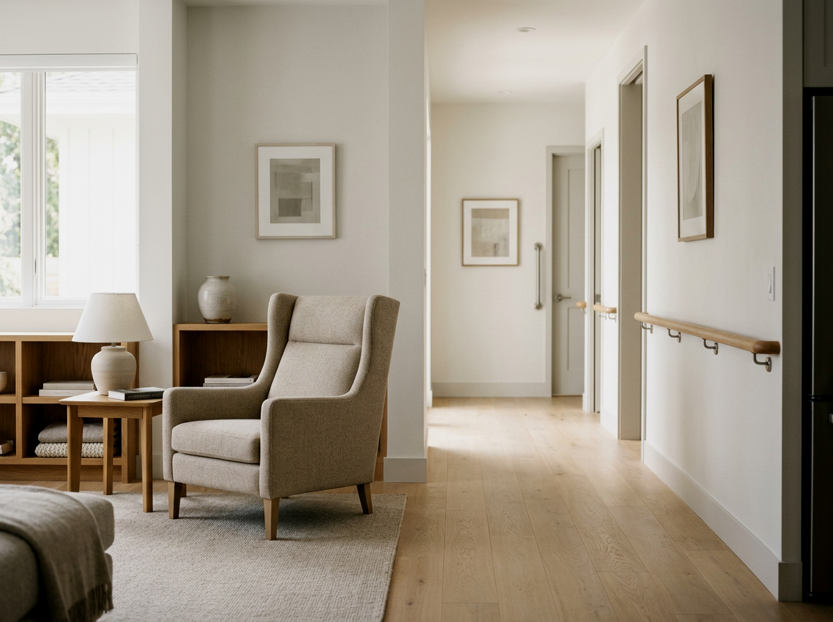 A cozy living space with a beige armchair, wooden side table with a lamp, and built-in bookshelf near a window. A hallway with light wood flooring and framed artwork on the walls extends into the background.