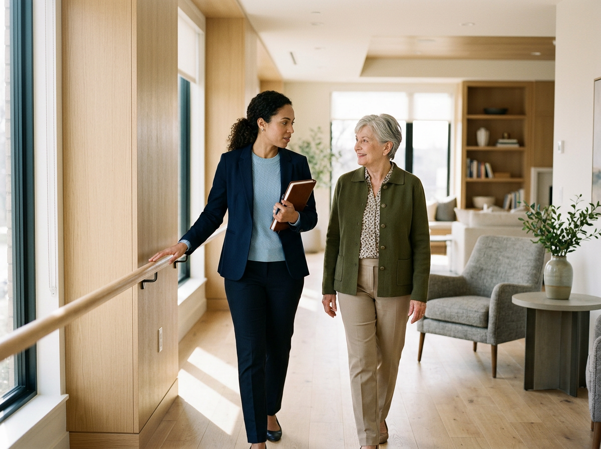 Two women walking and talking inside a bright modern homel.