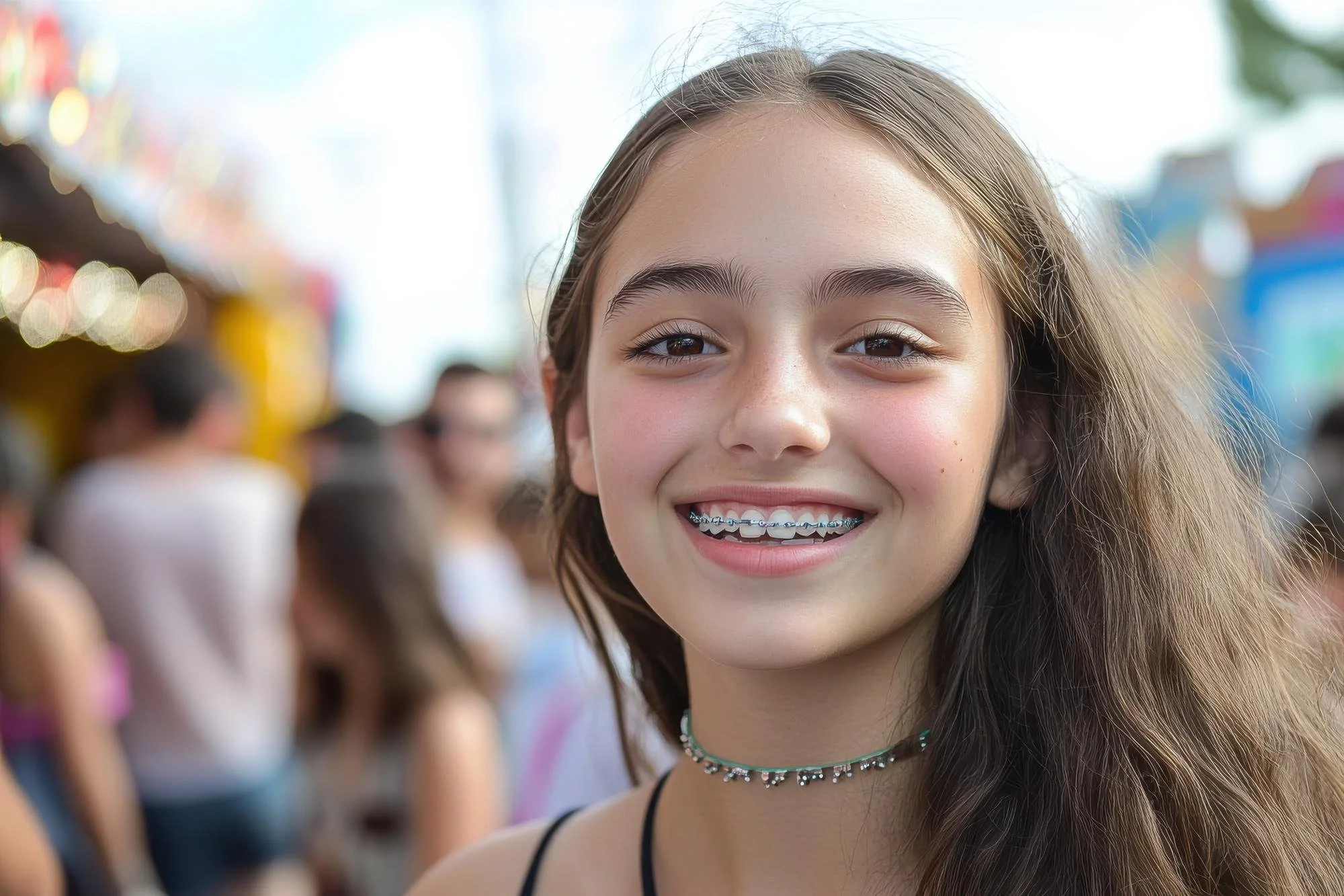 Girl is smiling and showcasing the metal braces.