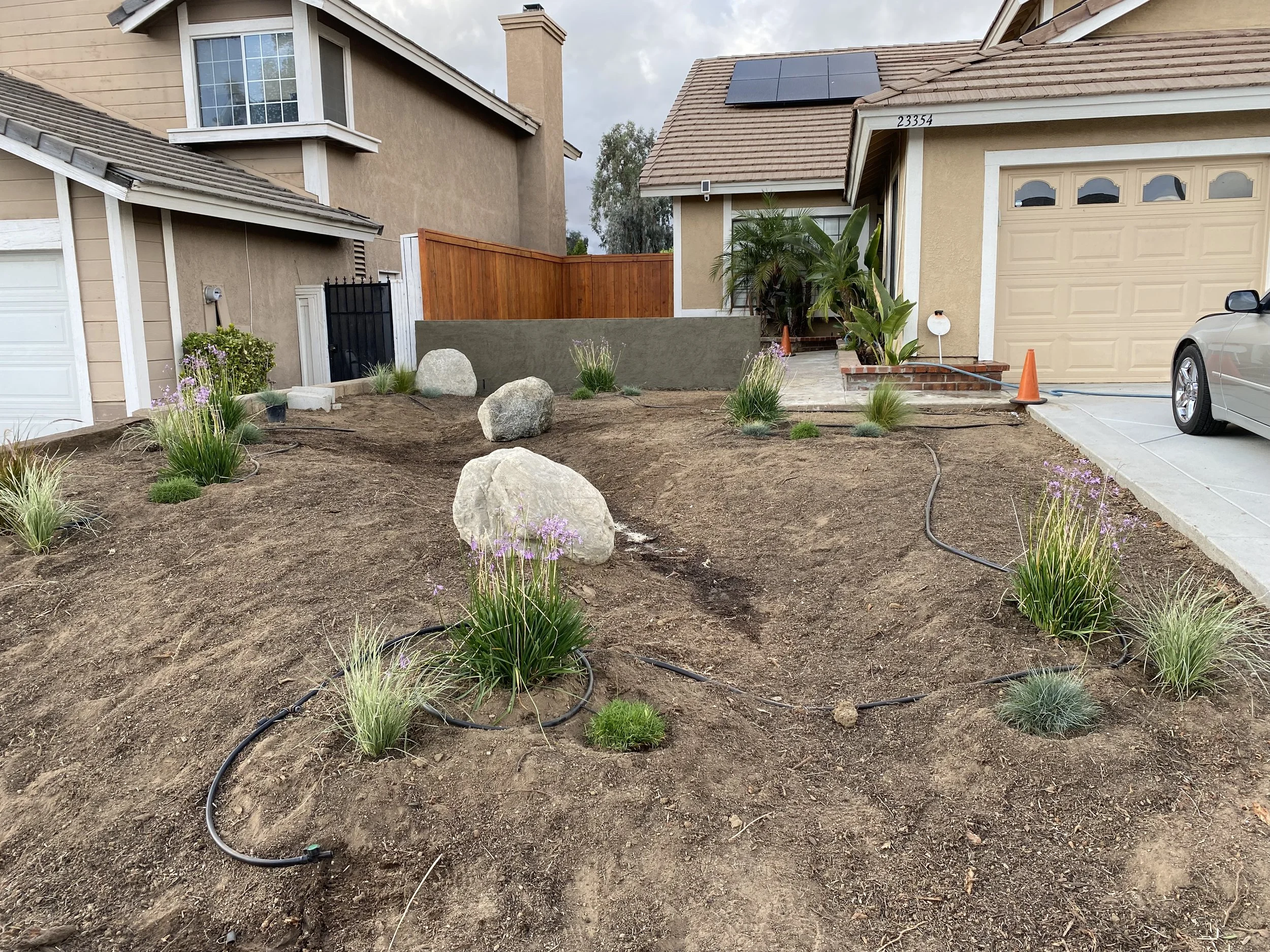 Front yard of a house under landscaping, with newly planted grass and rocks, and a garden hose on the soil.