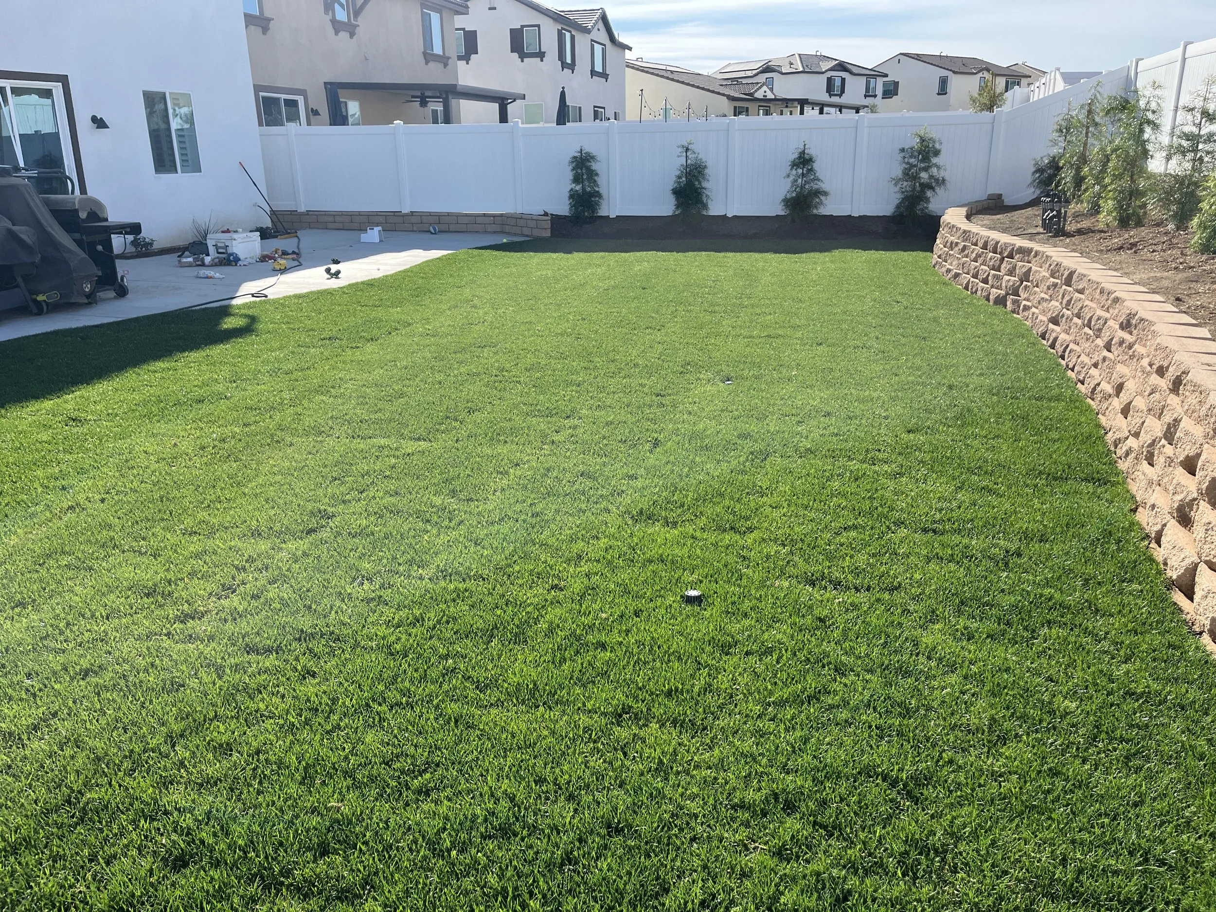 A backyard with freshly sodded green grass, a white fence, a brick retaining wall with bushes, and a patio area with tools and equipment.