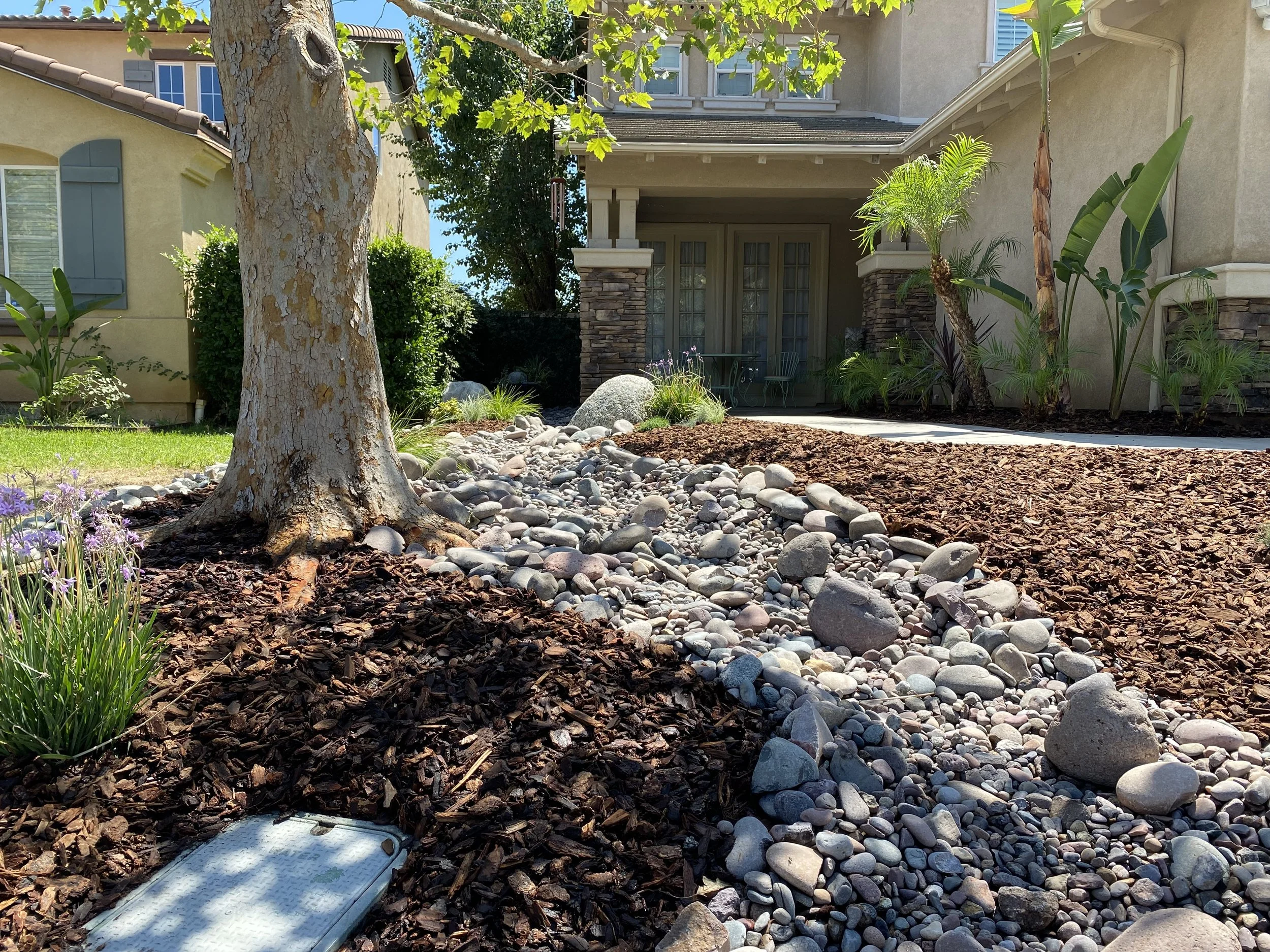 Front yard of a house with a large tree in the foreground, landscaped with rocks, grass, and various plants. The house has a porch with columns and a patio with outdoor furniture.