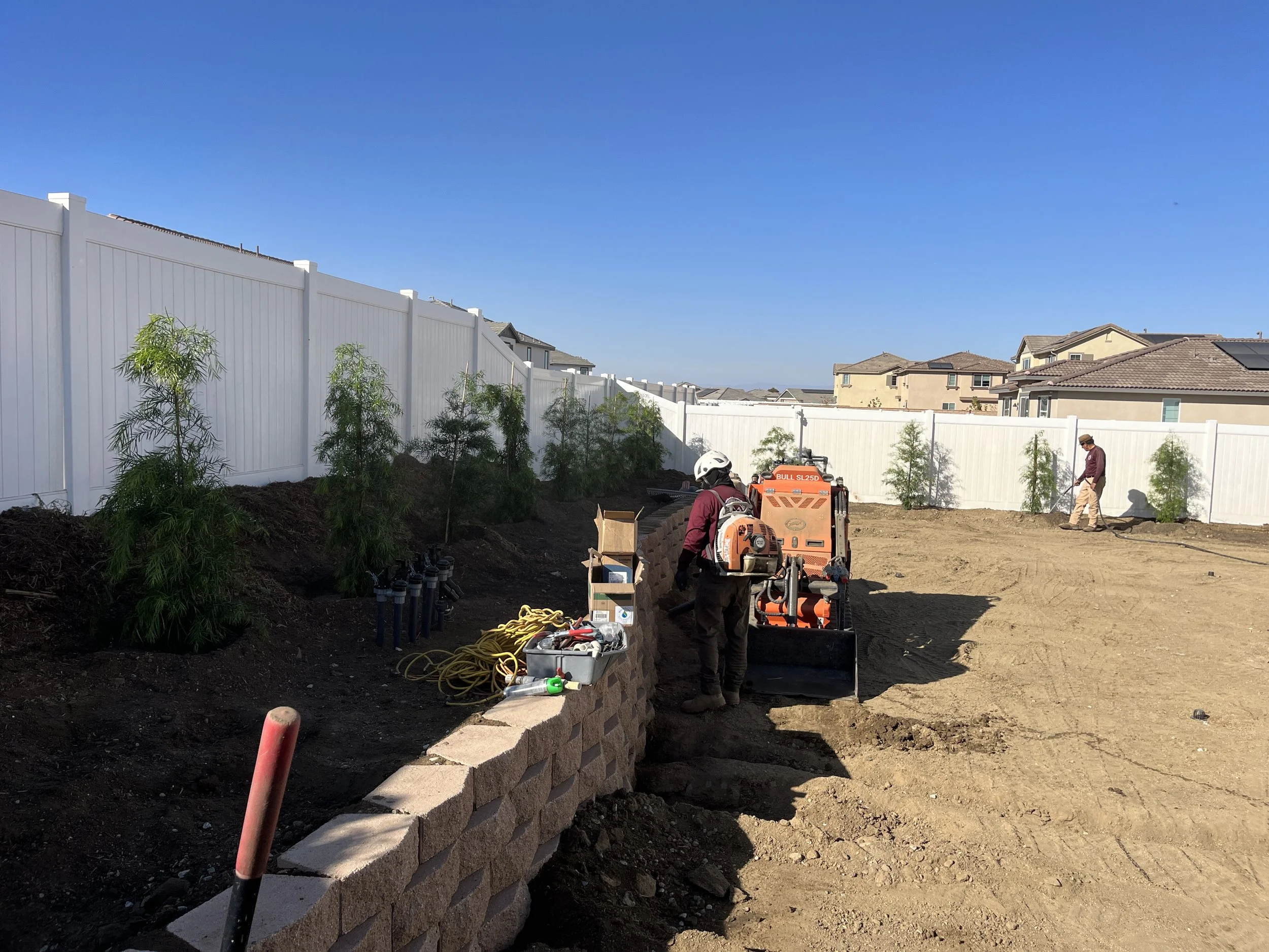 Construction workers planting trees in a backyard, with a white privacy fence and houses in the background on a clear, sunny day.