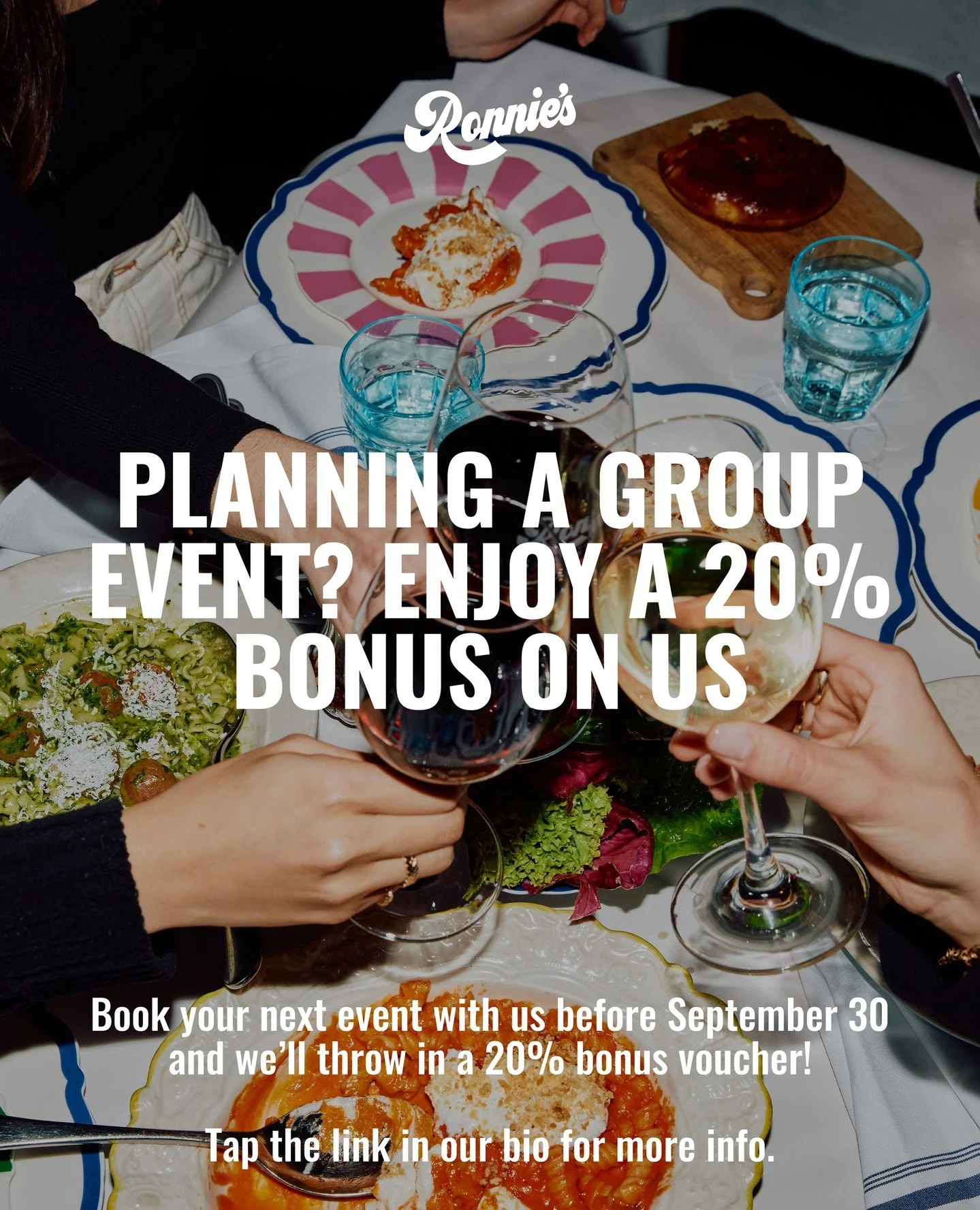 Planning a team lunch, client dinner or group celebration? 🎉⁠
⁠
We&rsquo;re extending our group offer into September! Confirm your next event at Ronnie&rsquo;s by Monday, 30 September, and you&rsquo;ll receive a 20% bonus gift card based on your fin