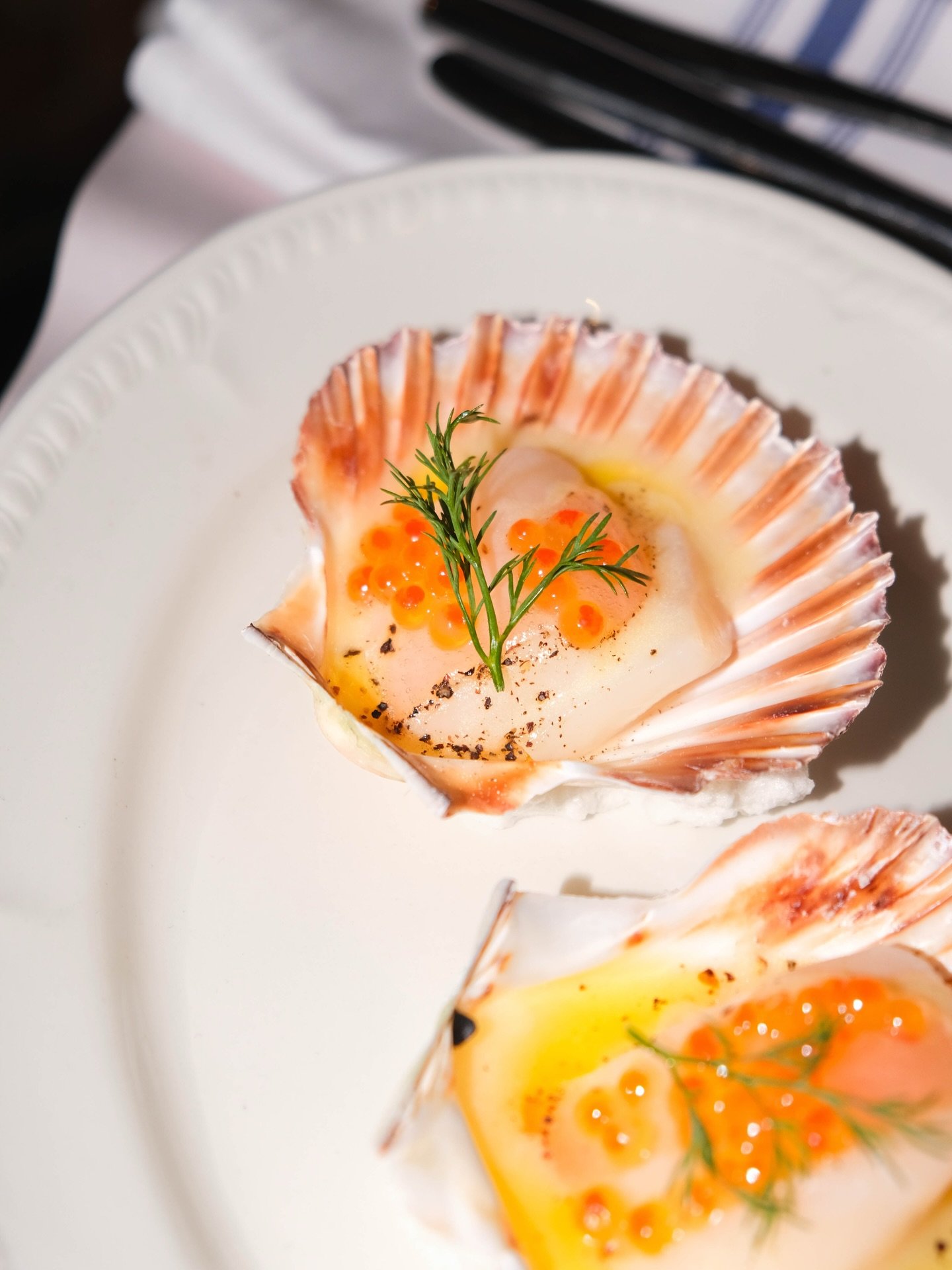 Scallop Crudo - light, bright and made for Summer. Topped with Taittinger Champagne + blood orange gel and persimmon vinegar. 🥂  
Available as part of our limited Seafood &amp; Champagne menu until the end of December.

#RonniesMelbourne #Seafoodand