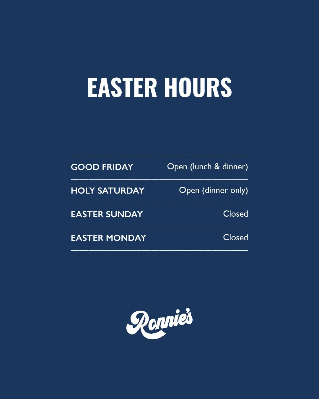 Spend Easter in the city with us at Ronnie&rsquo;s.⁠
⁠
We&rsquo;re open Good Friday for lunch and dinner, and Saturday for dinner, serving up your Ronnie&rsquo;s favourites in the heart of Melbourne CBD. If seafood is on the cards this Good Friday, s