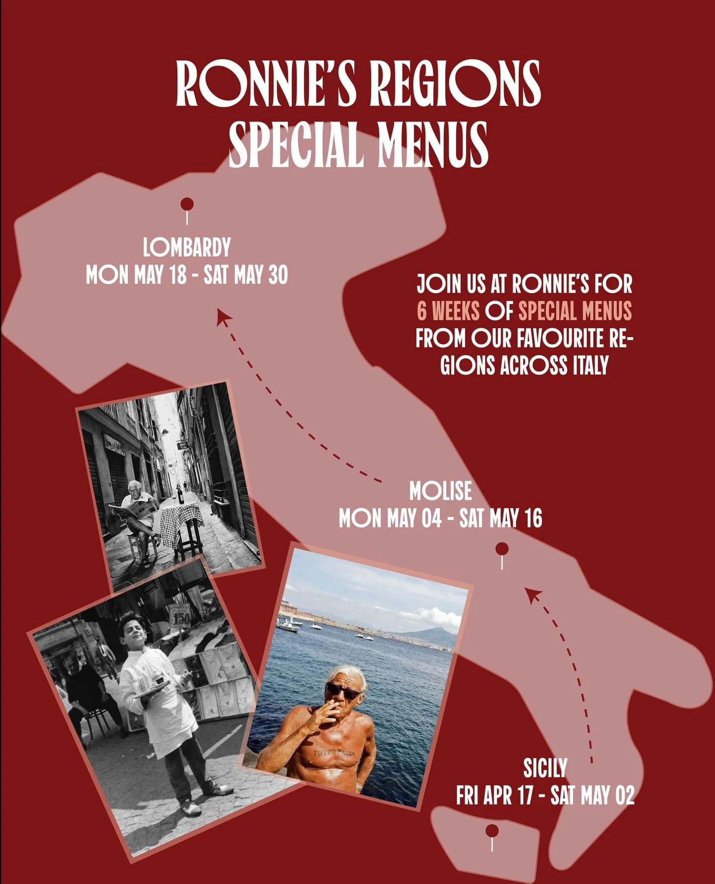 Introducing Ronnie&rsquo;s Regions - a six-week series at Ronnie&rsquo;s celebrating three distinct Italian regions through rotating two-week menus. 🇮🇹⁠
⁠
Across the campaign, we&rsquo;ll move from Sicily to Molise to Lombardy, with each chapter br