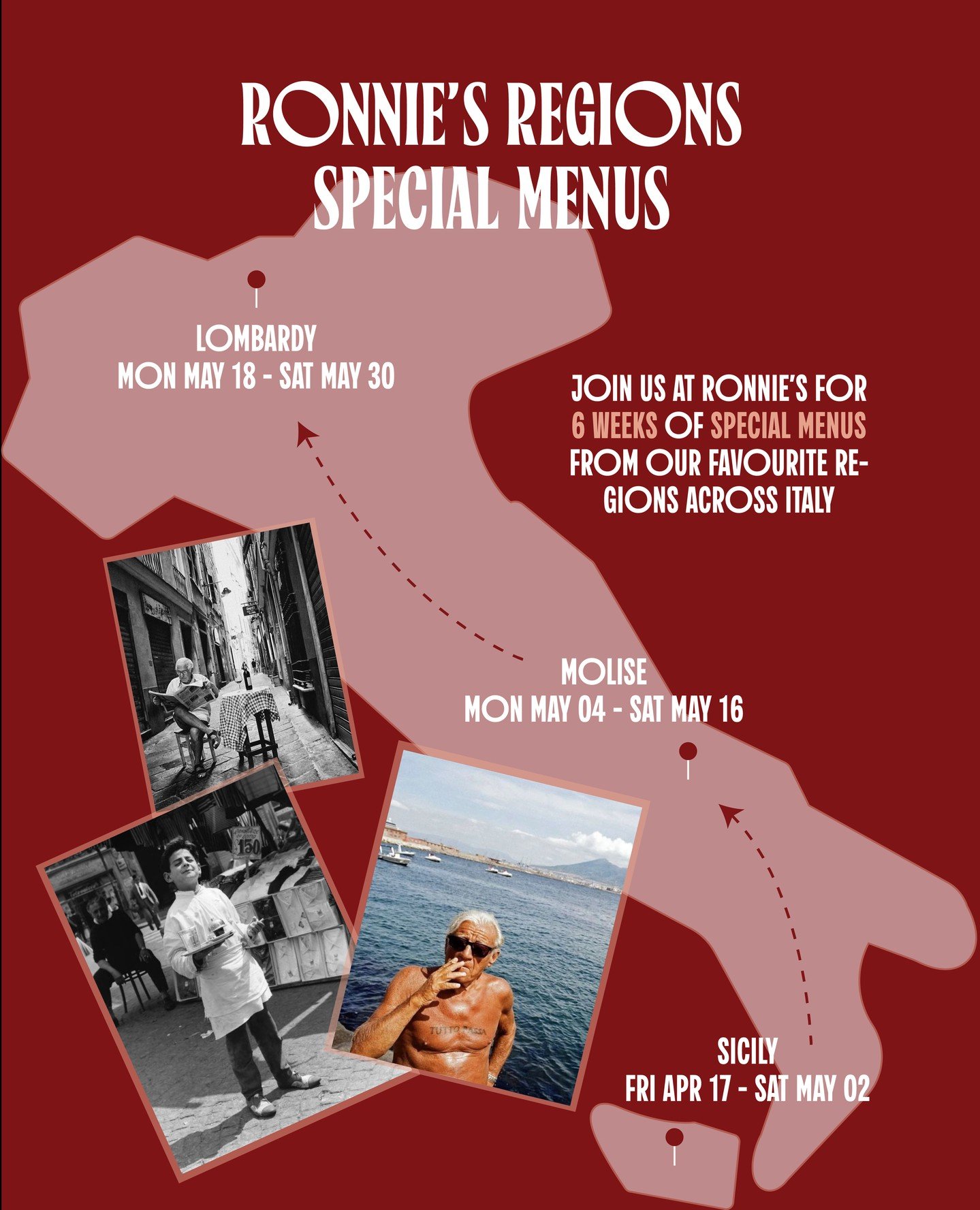 Introducing Ronnie&rsquo;s Regions - a six-week series at Ronnie&rsquo;s celebrating three distinct Italian regions through rotating two-week menus. 🇮🇹⁠
⁠
Across the campaign, we&rsquo;ll move from Sicily to Molise to Lombardy, with each chapter br