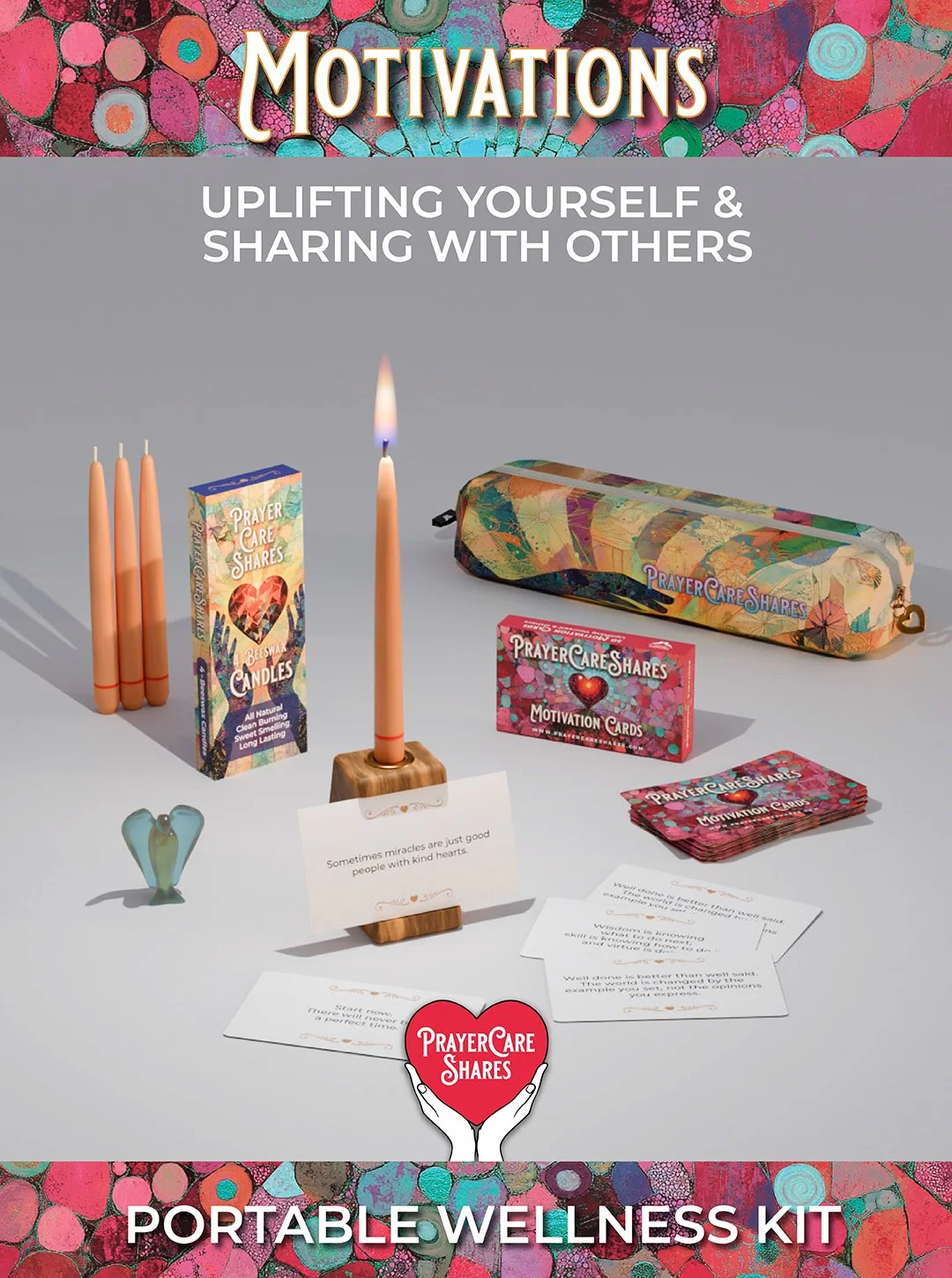 PrayerCareShares Portable Wellness Kit for Motivations, for uplifting yourself and sharing with others. For Women, Men, and Children. Available on Amazon.