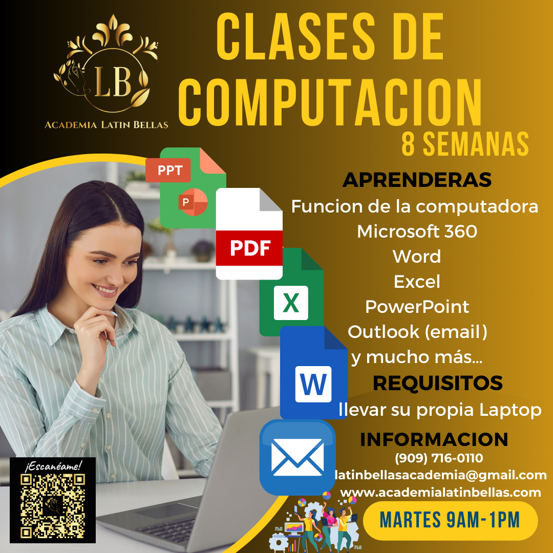 Flyer for a computer skills class offered by Academia Latin Bellas, showing a smiling woman using a laptop, with icons for PowerPoint, PDF, Excel, and Word, and information about the course schedule, requirements, and contact details.
