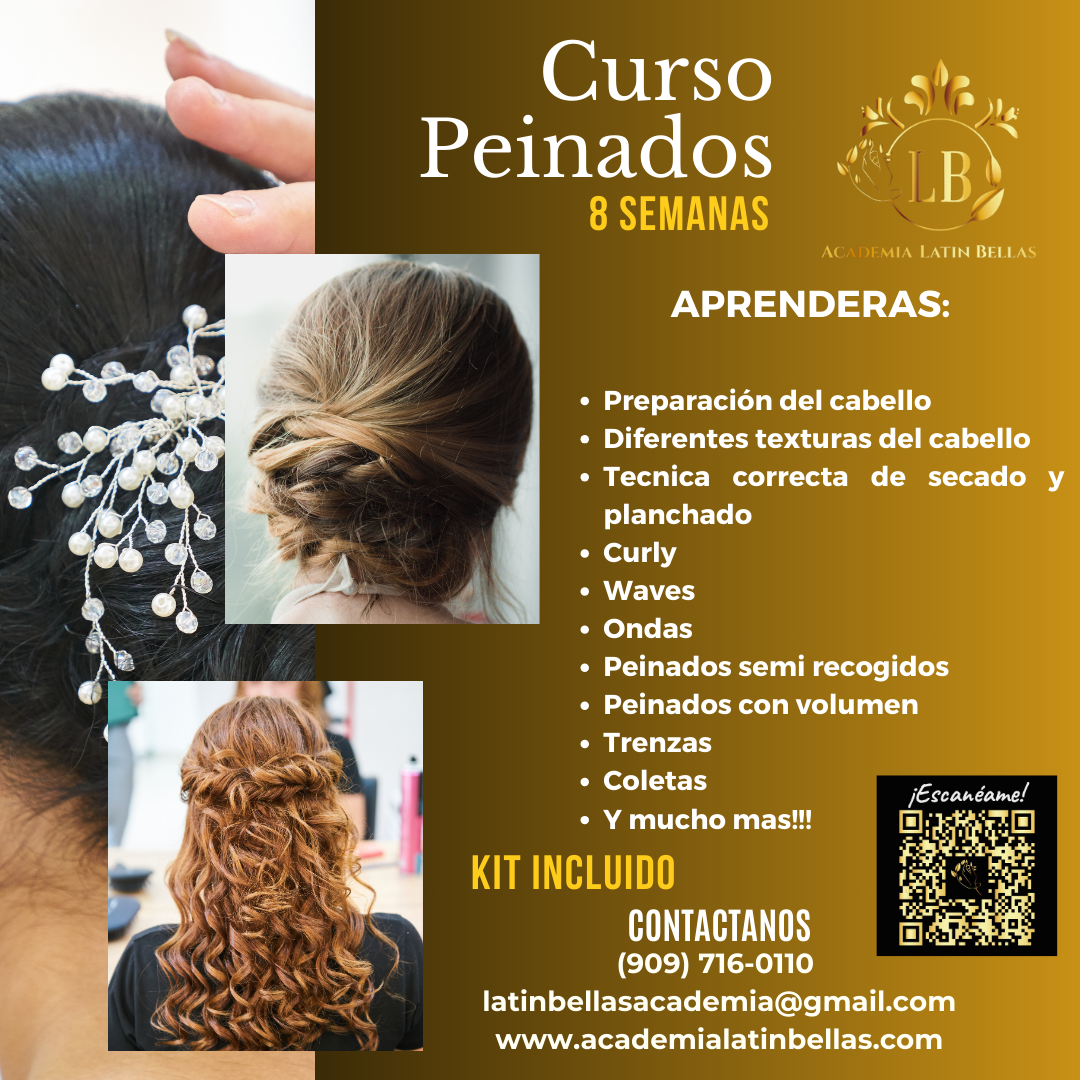 Advertisement for an 8-week hairdressing course called 'Curso Peinados' by Academia Latin Bellas. The ad features three images of different hairstyles: a braided updo, loose curly hair, and a styled updo. The course includes various hair styling tech