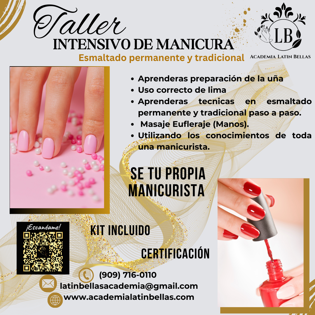 Advertisement for a manicure training workshop with images of manicured nails and nail polish, offering instructions on professional nail techniques and kit included.