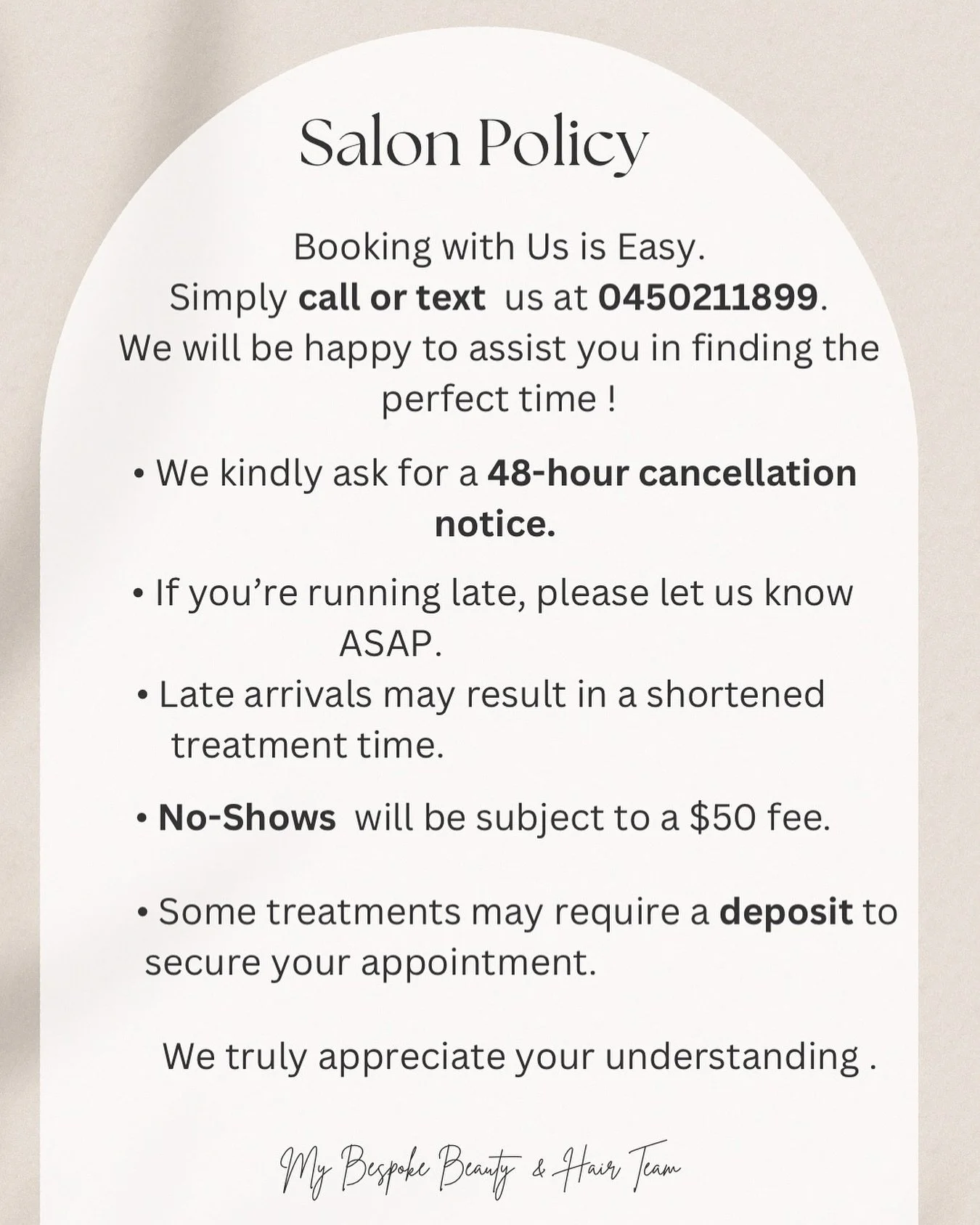 Booking with Us is Easy!
simply call or text us at 0450211899.  We&rsquo;ll be happy to assist you in finding the perfect time!

Booking Policy: &bull;	We kindly ask for a 48-hour cancellation notice. &bull;	If you&rsquo;re running late, please let u