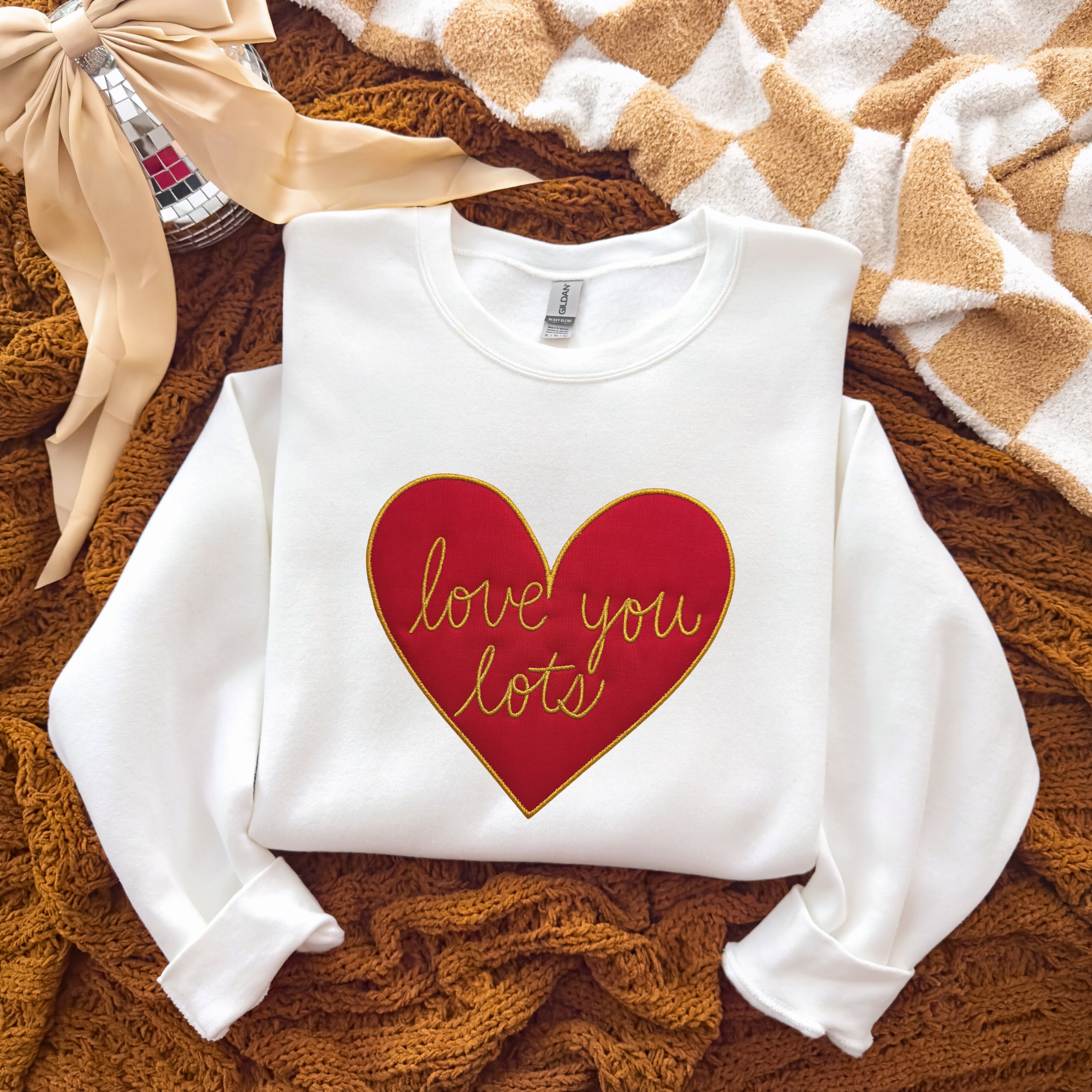Love You Lots Applique — Gold Thread Embroidered Gildan Sweatshirt