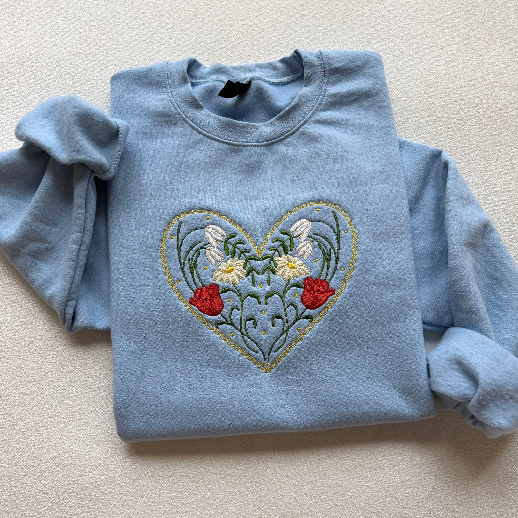 Whimsical Floral Heart — Embroidered Gildan Crewneck