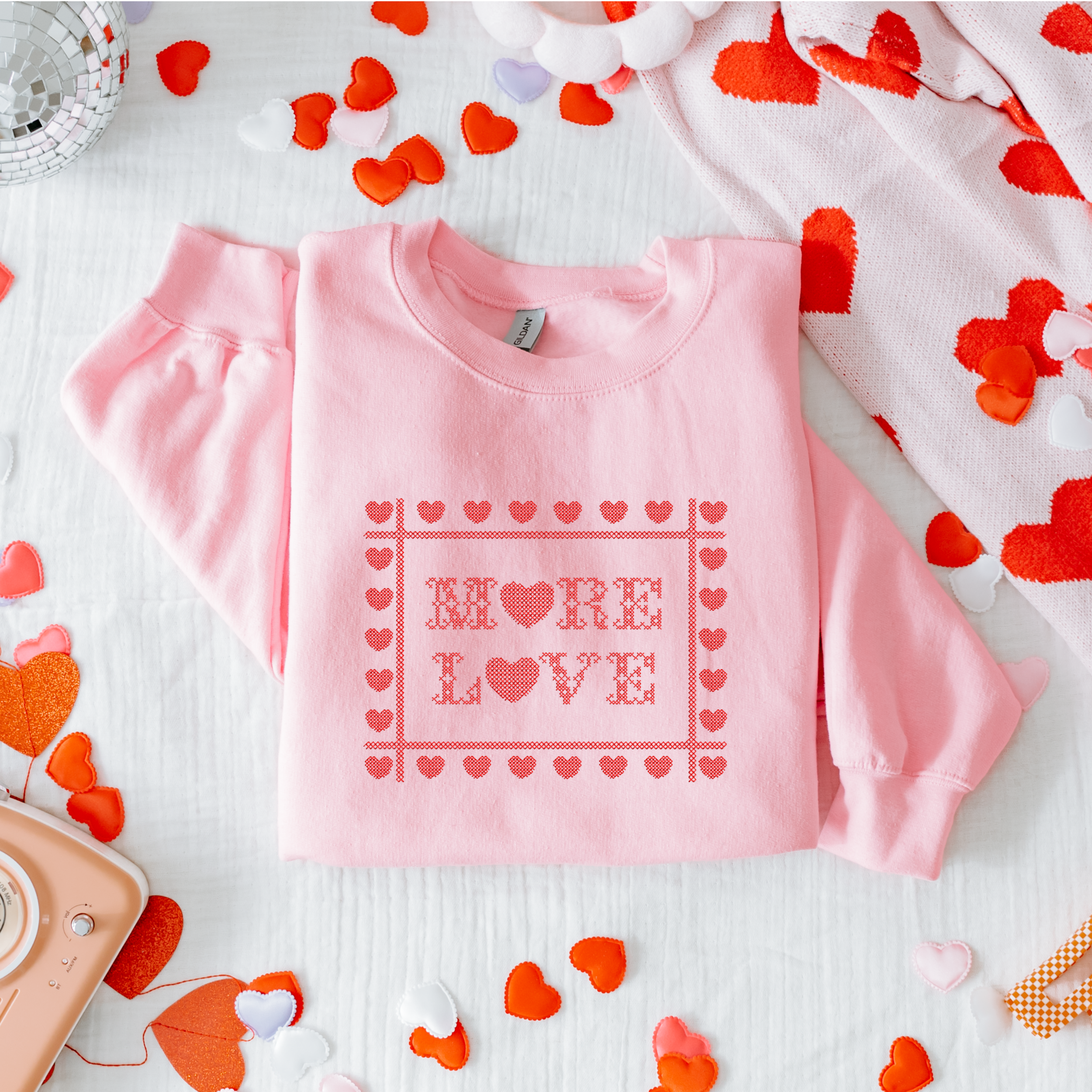 "More Love" Cross-Stitch — Embroidered Gildan Crewneck