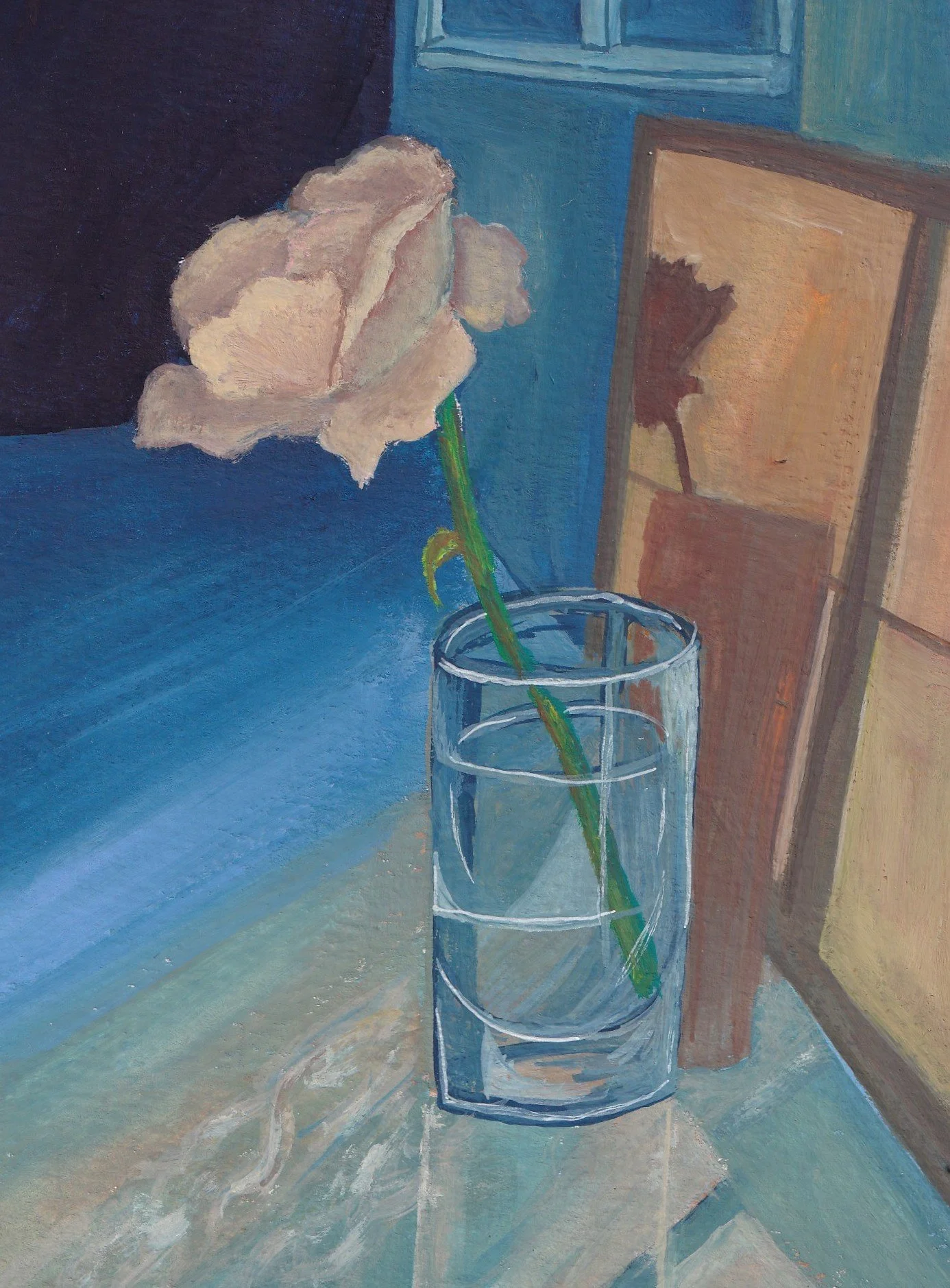 A painting of a pale pink rose in a glass vase on a blue table by a window, with a wooden surface to the right.
