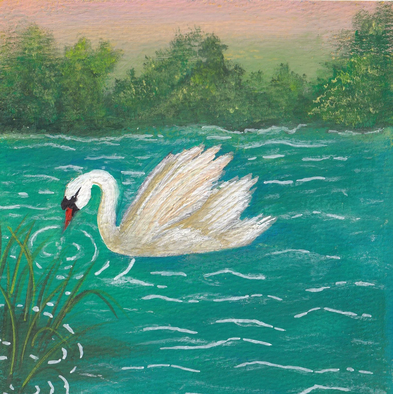 Painting of a swan swimming in a pond with green plants in the foreground and a bushy, green trees in the background, with a pastel-colored sky.