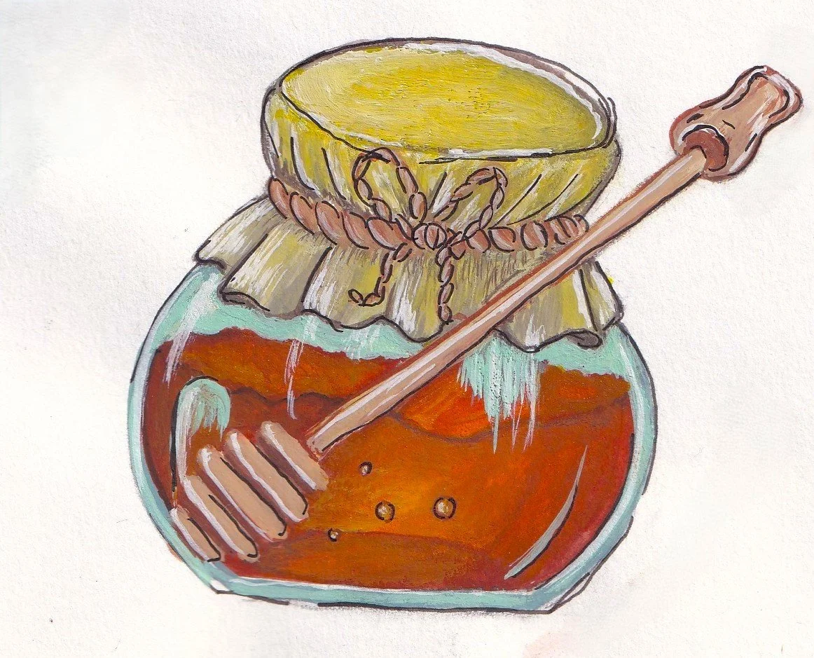 Drawing of a glass jar filled with red-orange honey, topped with a cloth cover secured with a string, and a honey dipper resting inside.