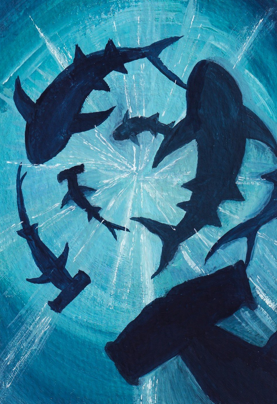 Silhouettes of sharks swimming in a circular pattern against a blue background.
