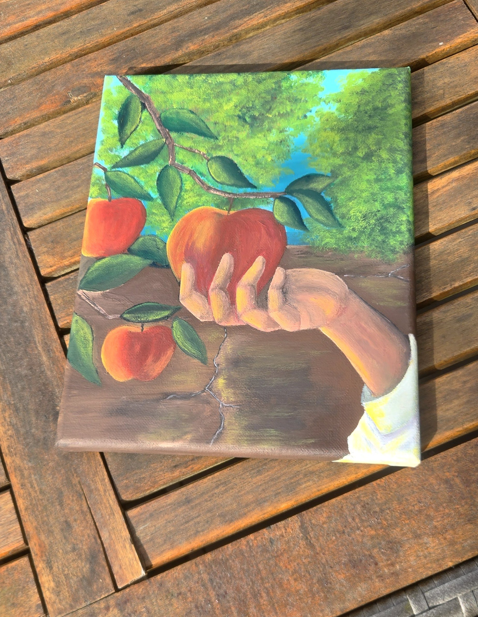 Painting of a branch with green leaves and red apples, with a green and blue background.