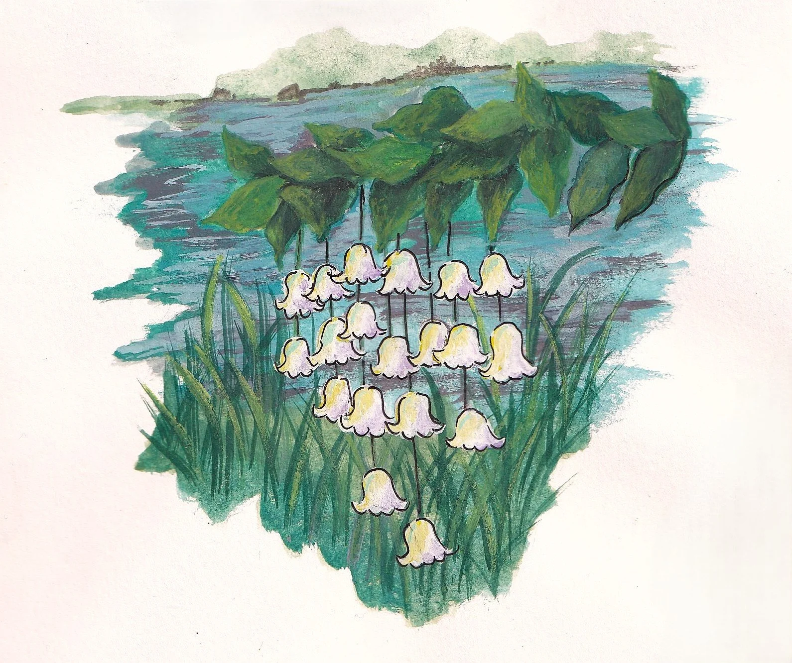 A watercolor painting of a pond with floating lily of the valley flowers, green leaves, and distant hills in the background.
