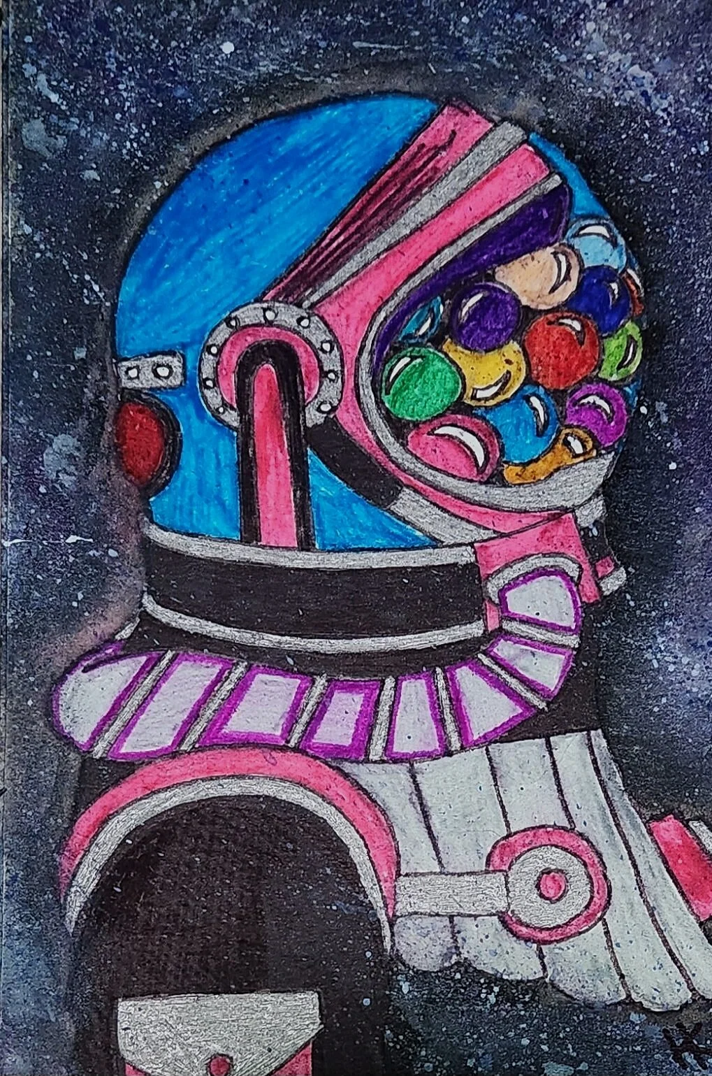 Colorful chalk drawing of an astronaut helmet filled with colorful marbles, set against a dark, starry background.