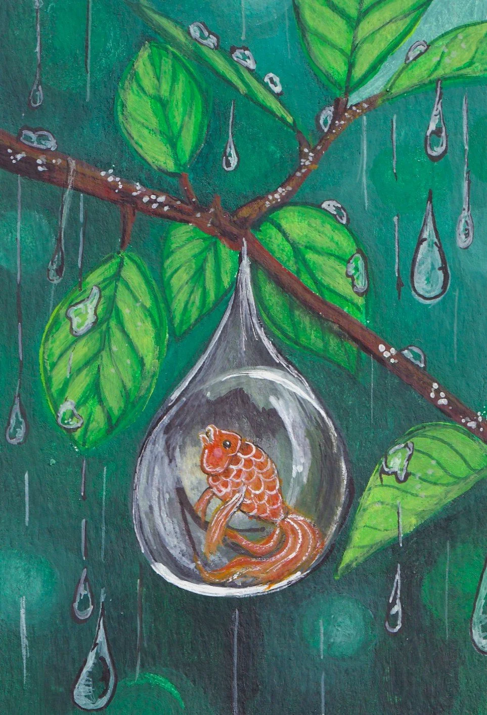 A colorful painting of a tree branch with green leaves and raindrops falling, featuring a glass droplet hanging from the branch containing an orange goldfish.