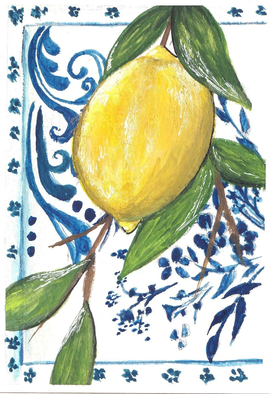 Hand-painted illustration of a yellow lemon with green leaves and brown branches, surrounded by blue decorative floral patterns.