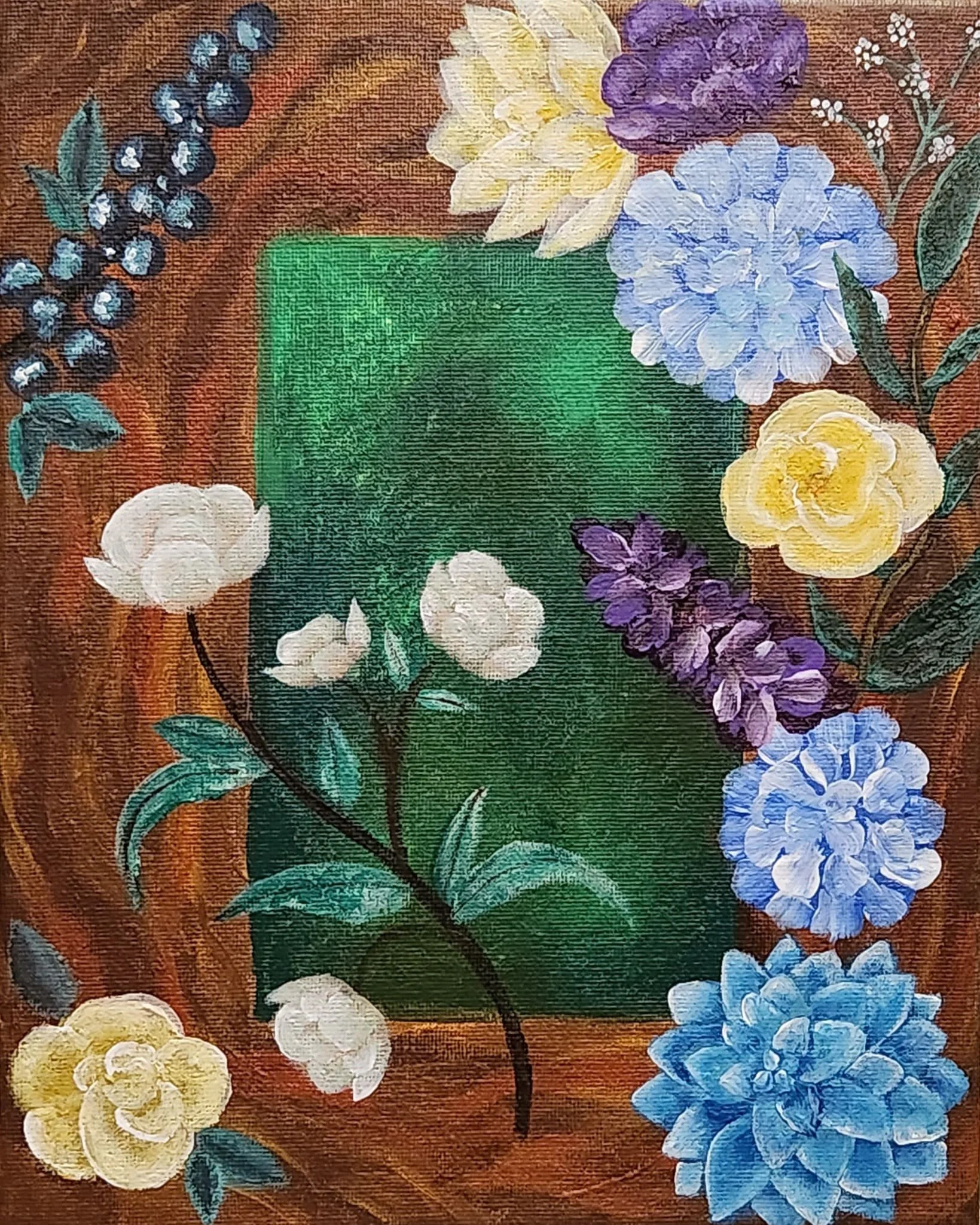 Close-up of a floral painting featuring white, yellow, purple, and blue flowers with green leaves on a woven or textured reddish-brown background.