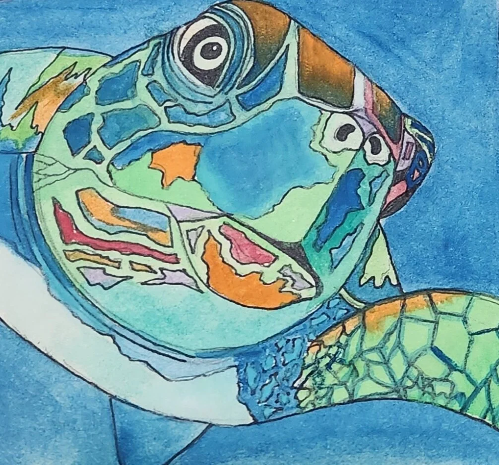 A colorful, abstract illustration of a marine turtle with a detailed shell, set against a blue background.