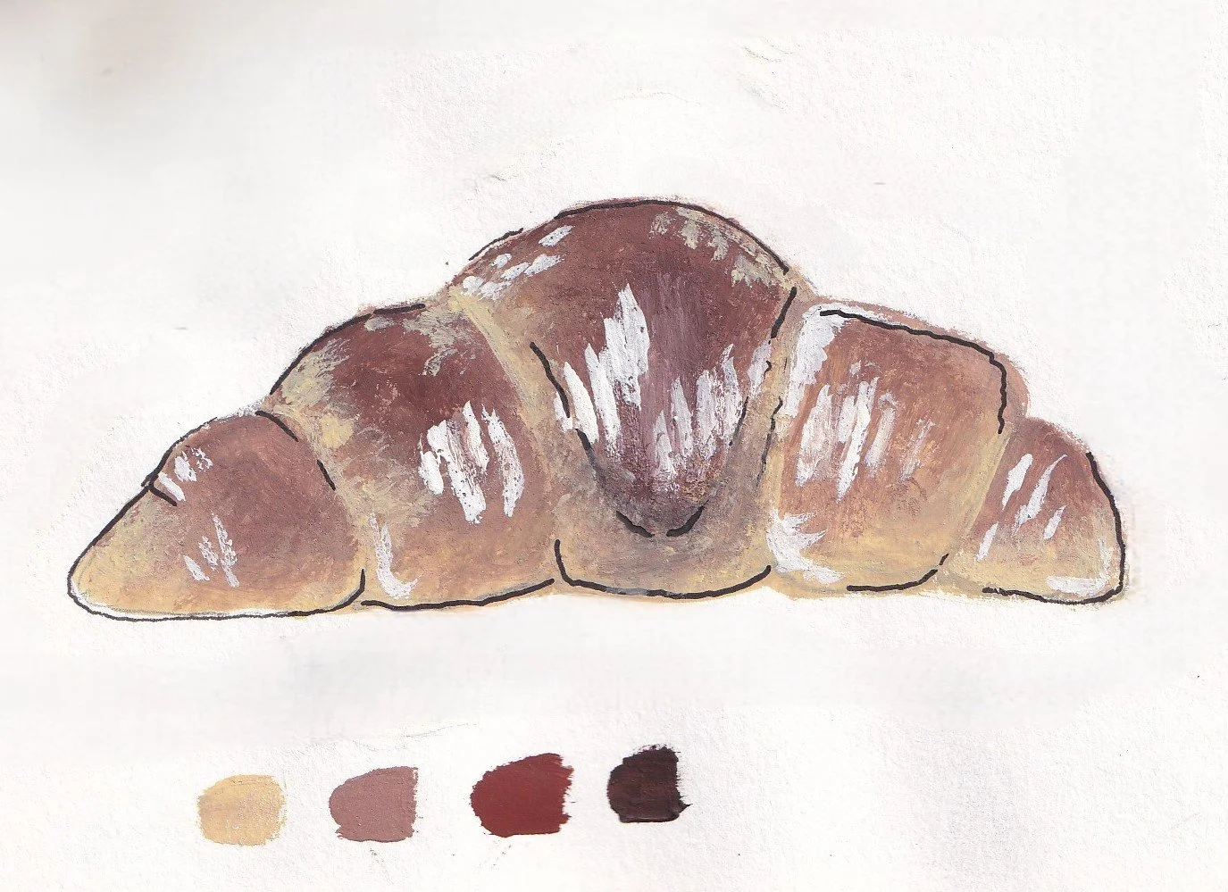 A hand-drawn sketch of a croissant with a color palette showing four shades of beige, pink, red, and dark brown.