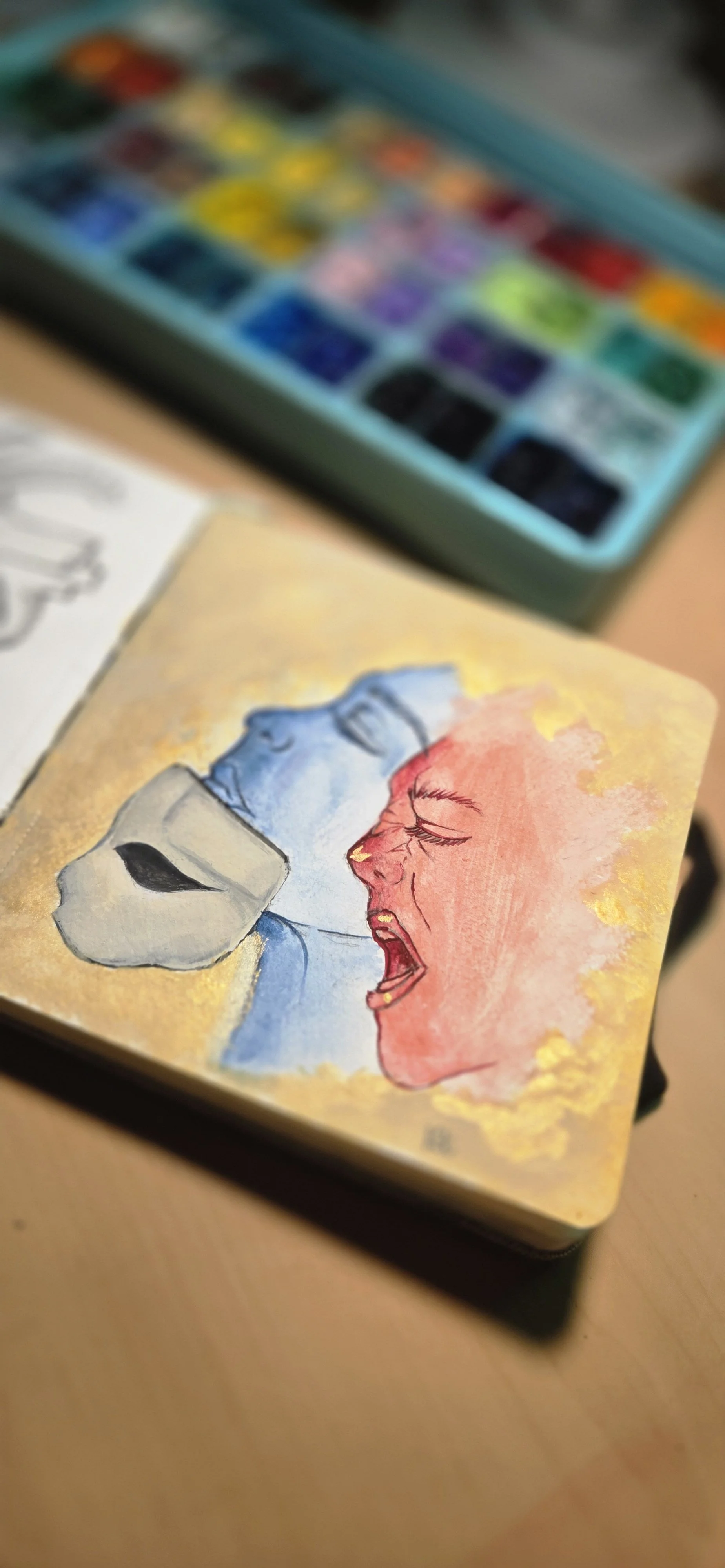 Sketch of a person yelling, painted in watercolor with a neutral mask, on a yellow background.