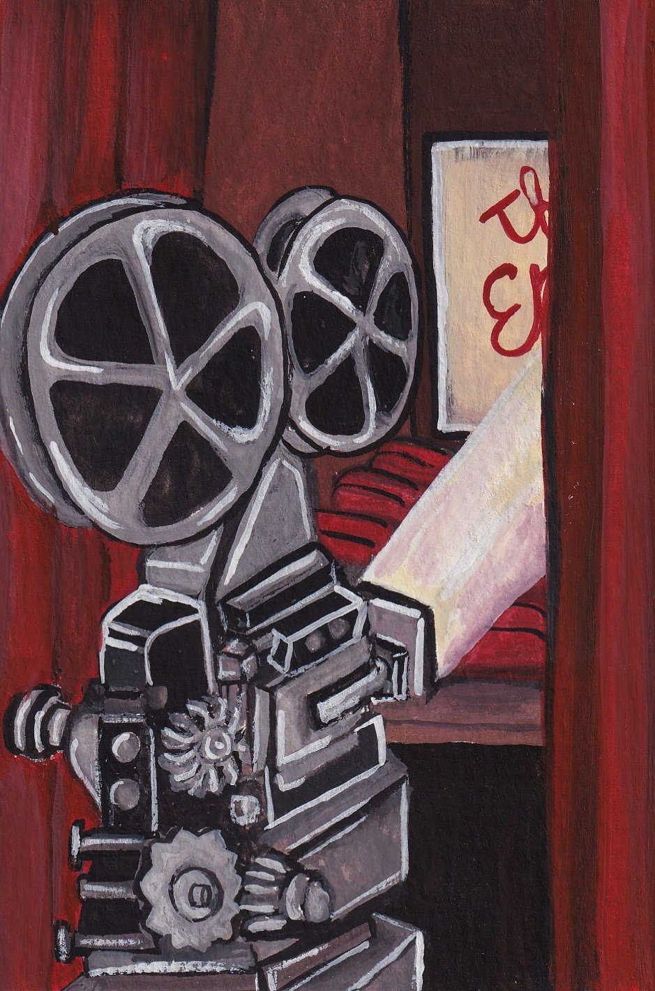 A vintage film projector with large reels, placed on a table next to a window with a red curtain.